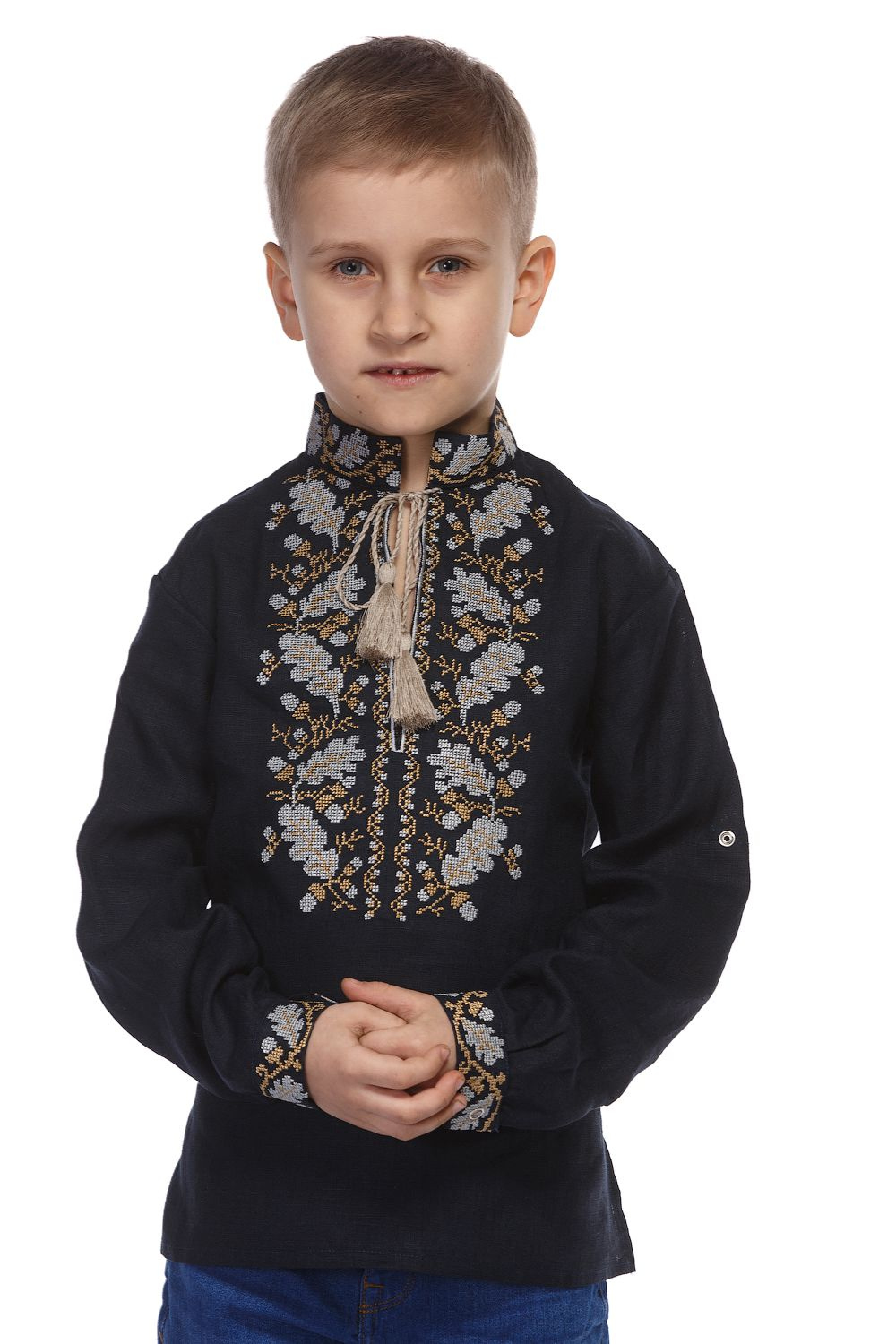 Dark blue shirt for the boy embroidered with oak leaves