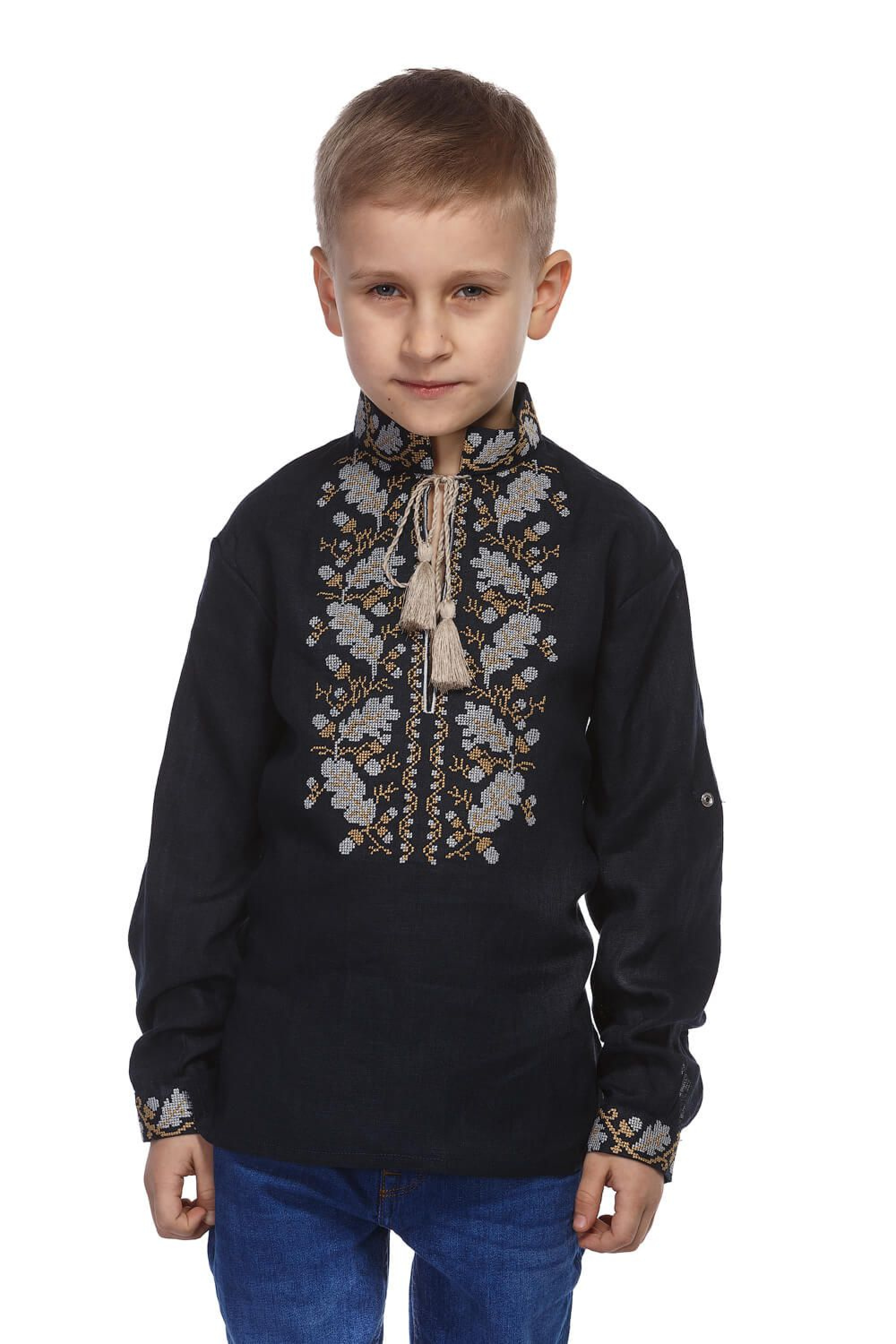 Dark blue shirt for the boy embroidered with oak leaves | 110