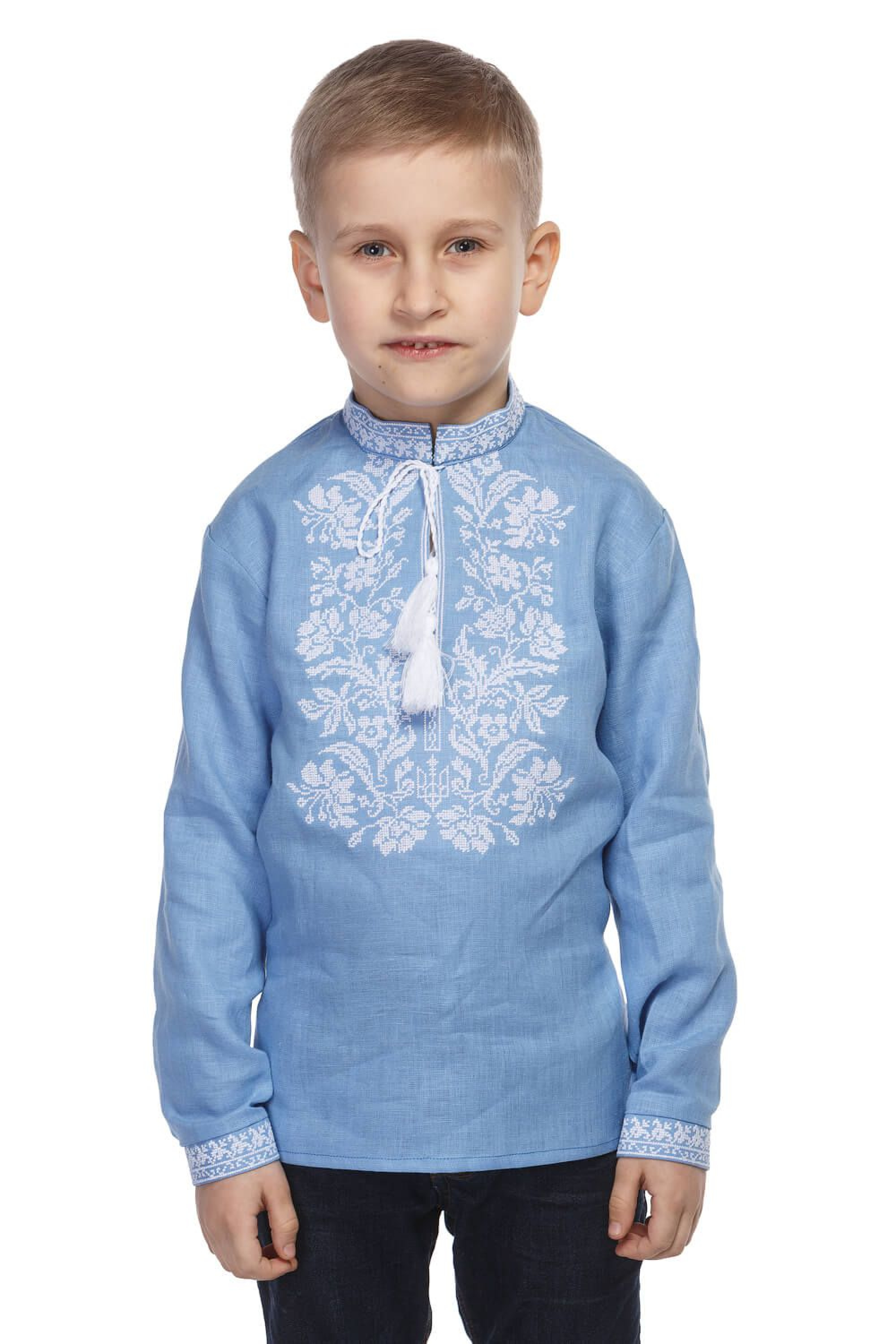 Blue shirt for a boy with white embroidery