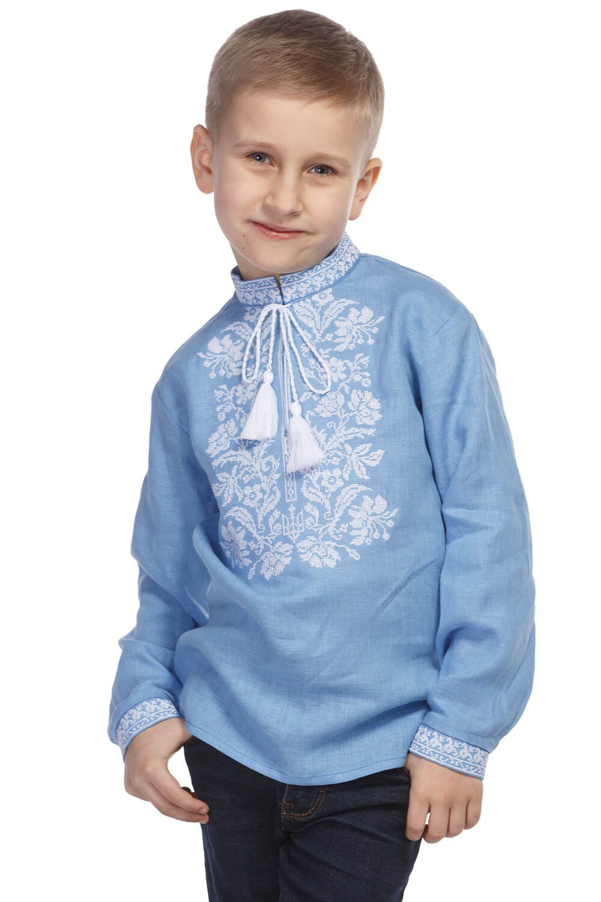 Blue shirt for a boy with white embroidery