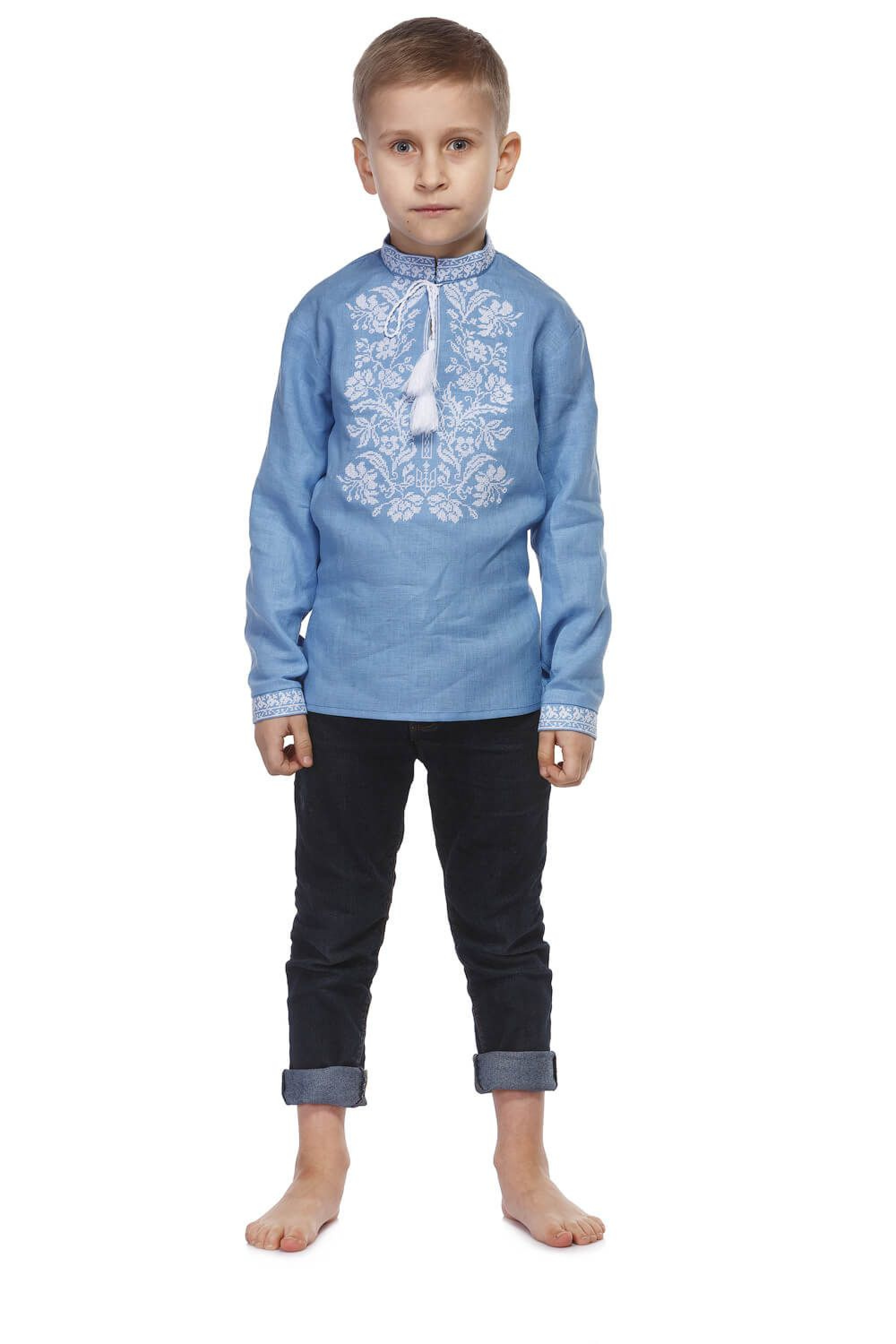 Blue shirt for a boy with white embroidery