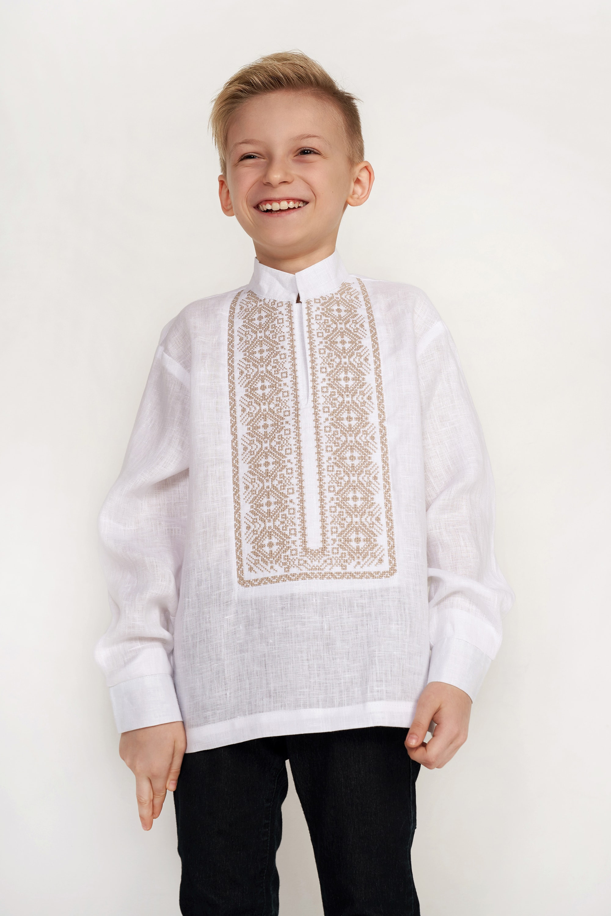 Children's embroidery for a boy white with beige embroidery Children's embroidery for a boy white with beige embroidery