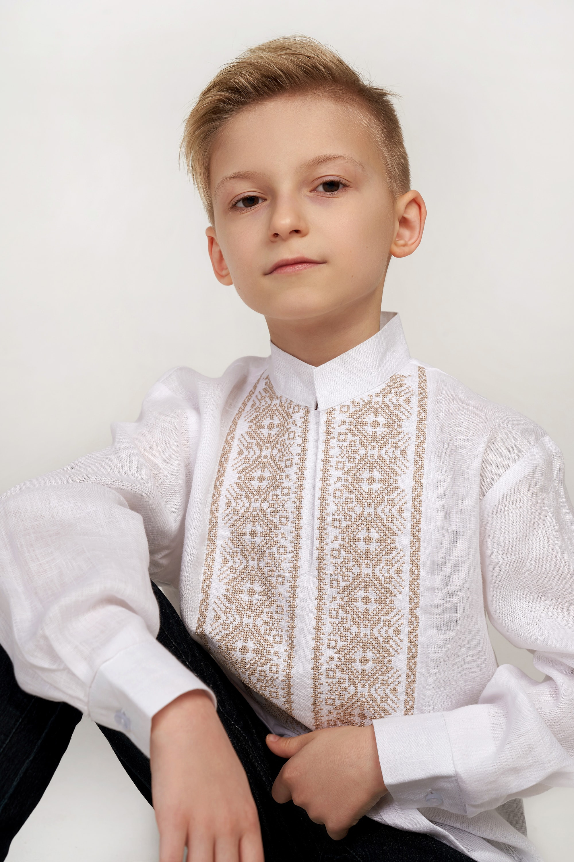 Children's embroidery for a boy white with beige embroidery Children's embroidery for a boy white with beige embroidery