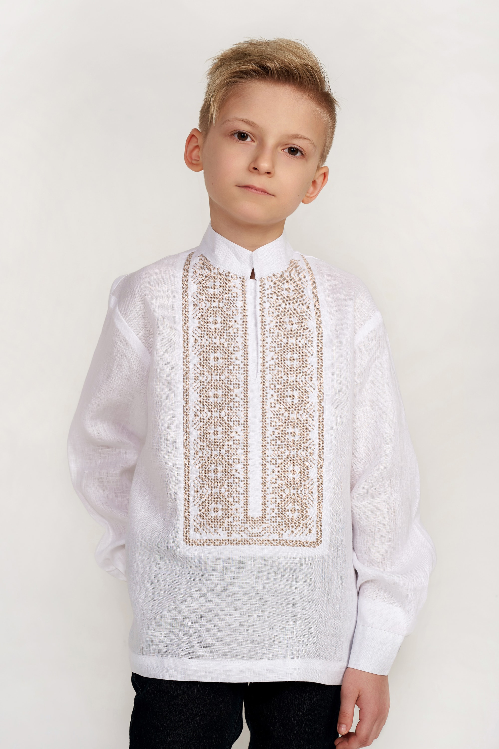 Children's embroidery for a boy white with beige embroidery Children's embroidery for a boy white with beige embroidery