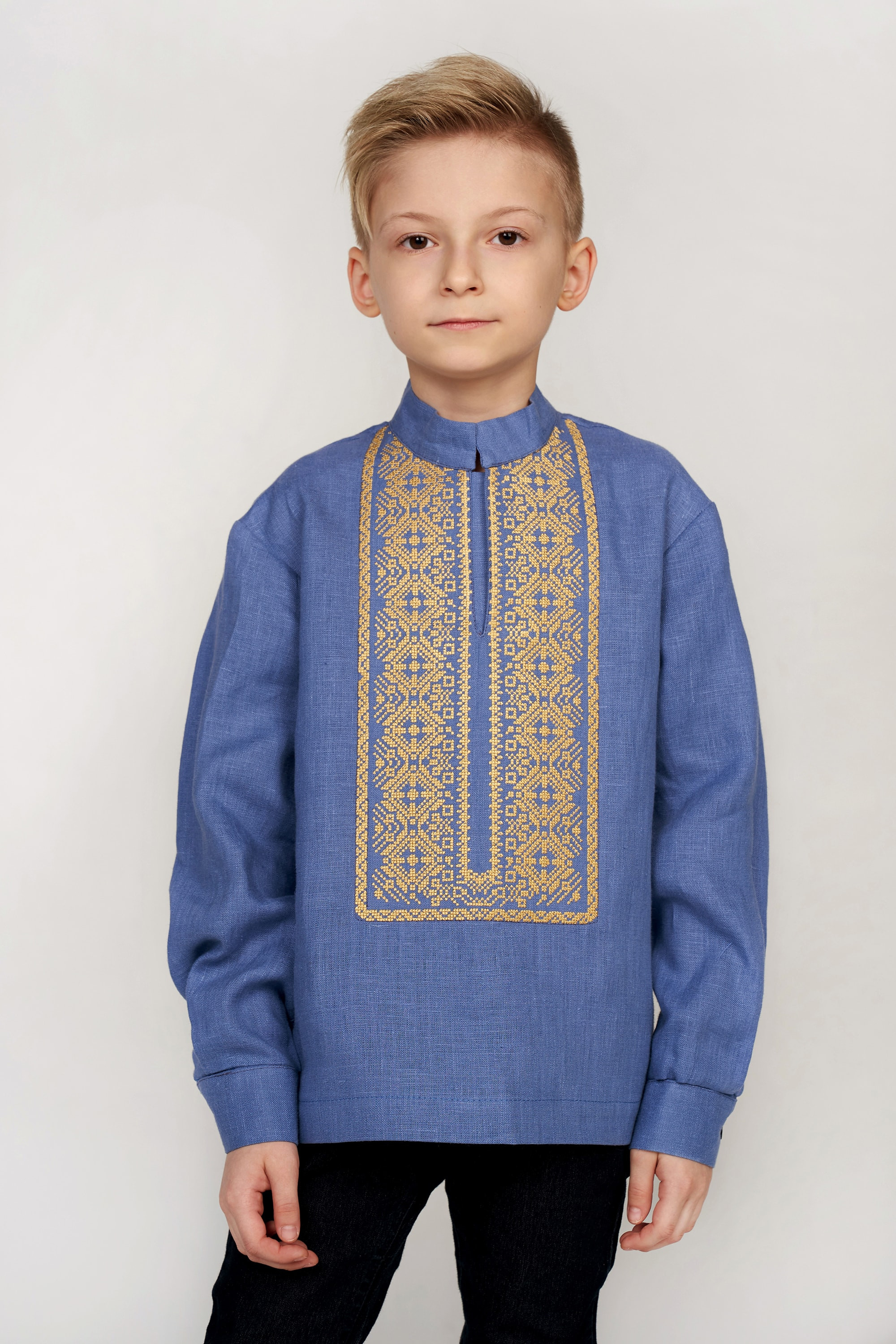 Children's embroidery for a boy blue with yellow embroidery Children's embroidery for a boy blue with yellow embroidery