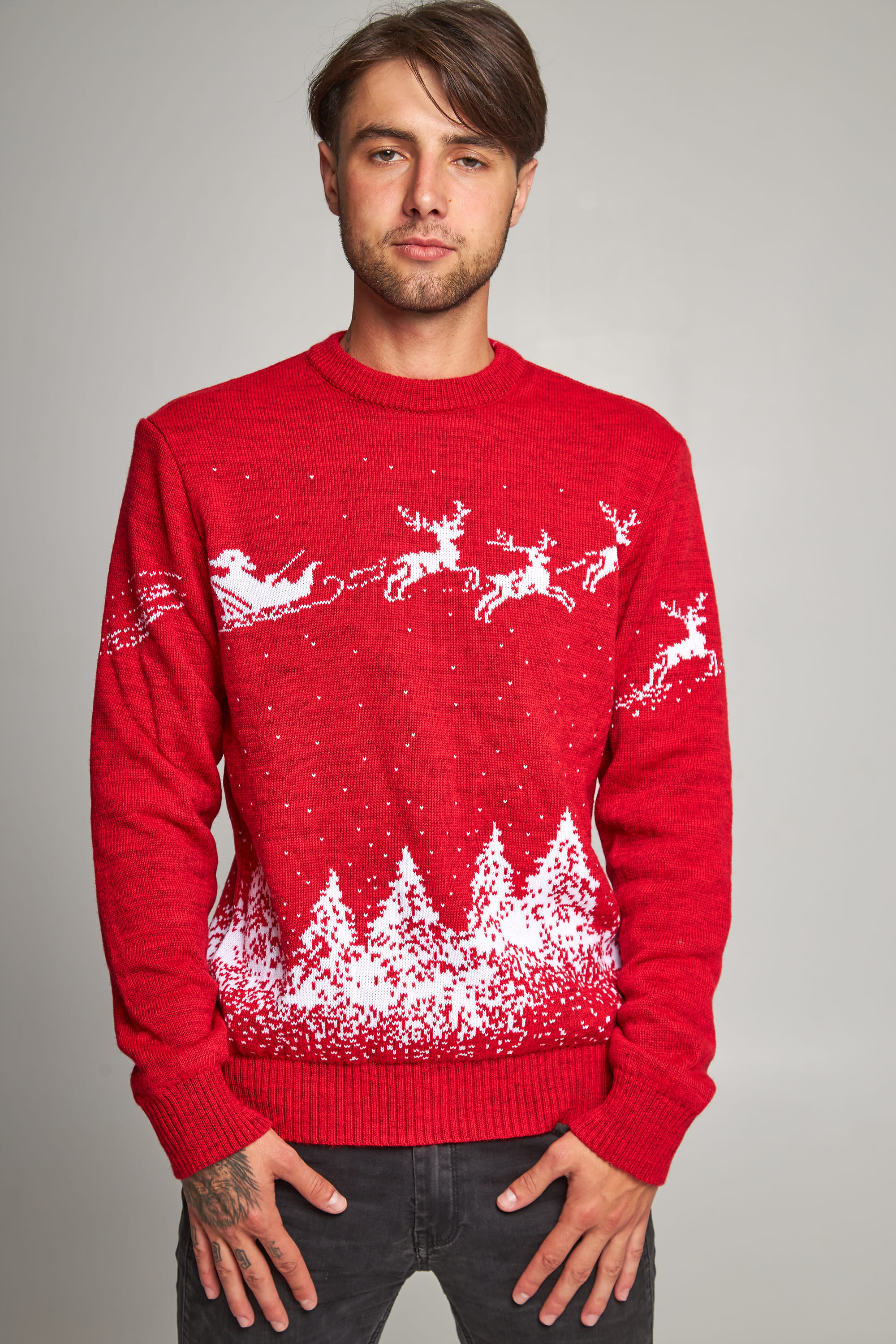 New Year's sweaters for two Santa Claus with deer red