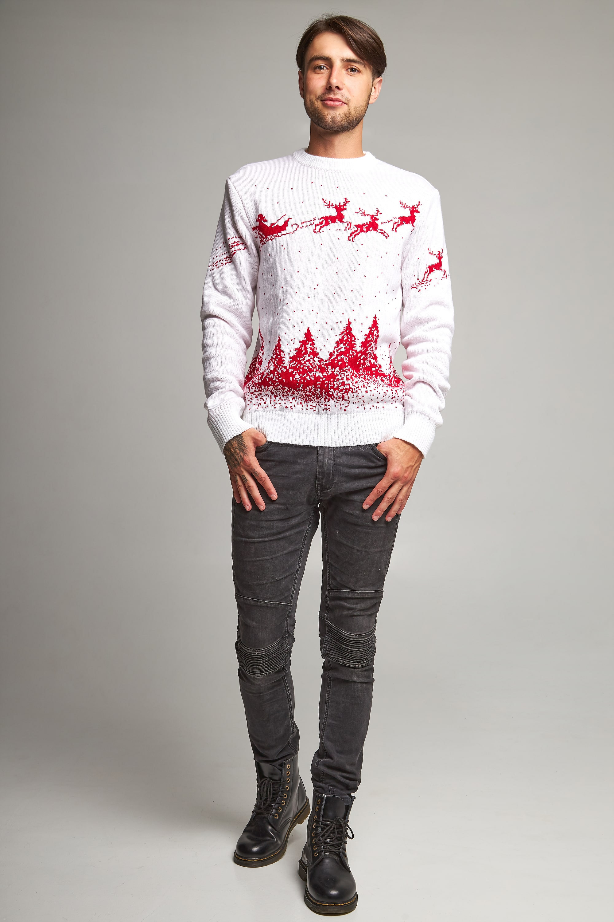 New Year's sweaters for two Santa Claus with deer white