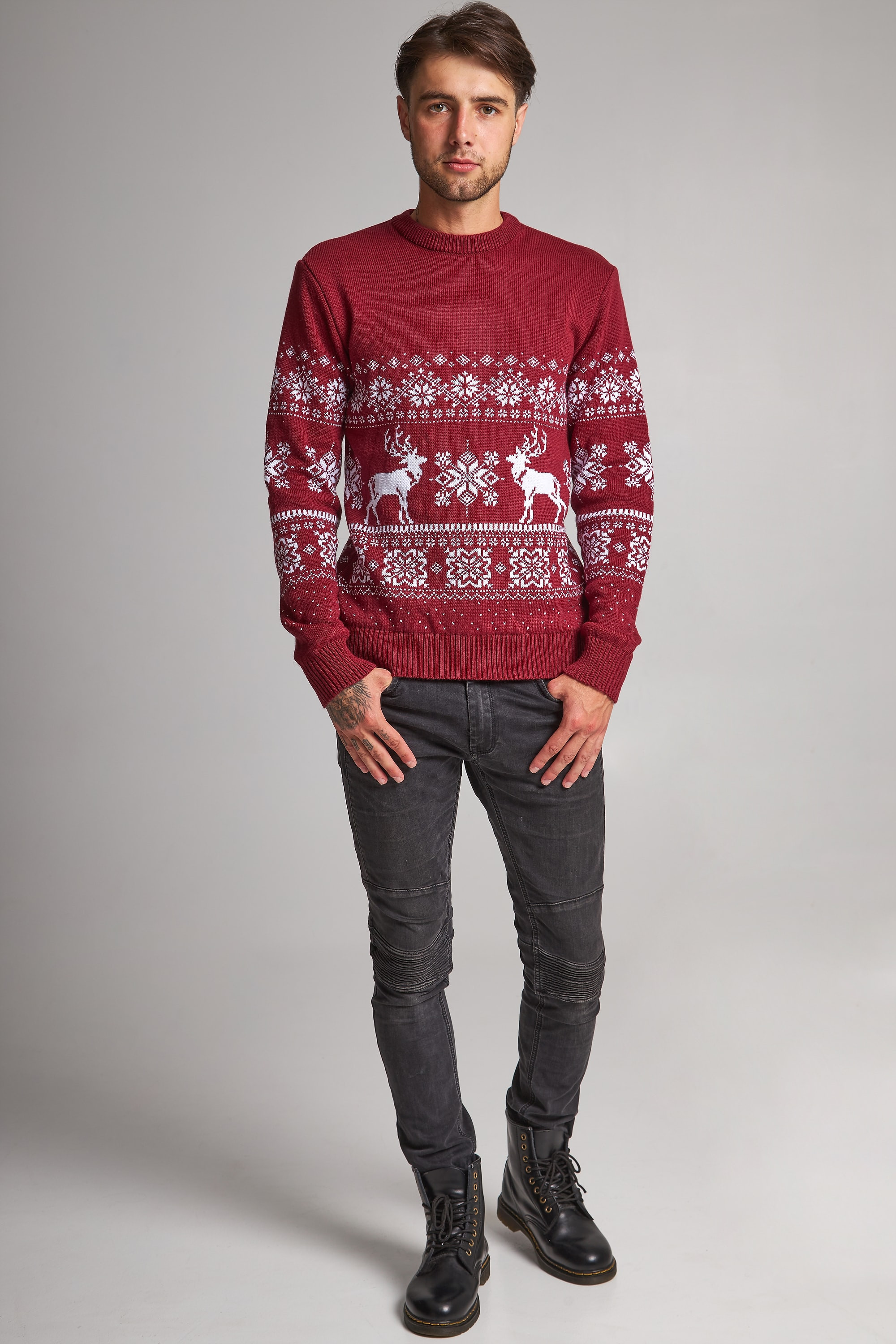New Year's sweaters for two Santa Claus with deer burgundy