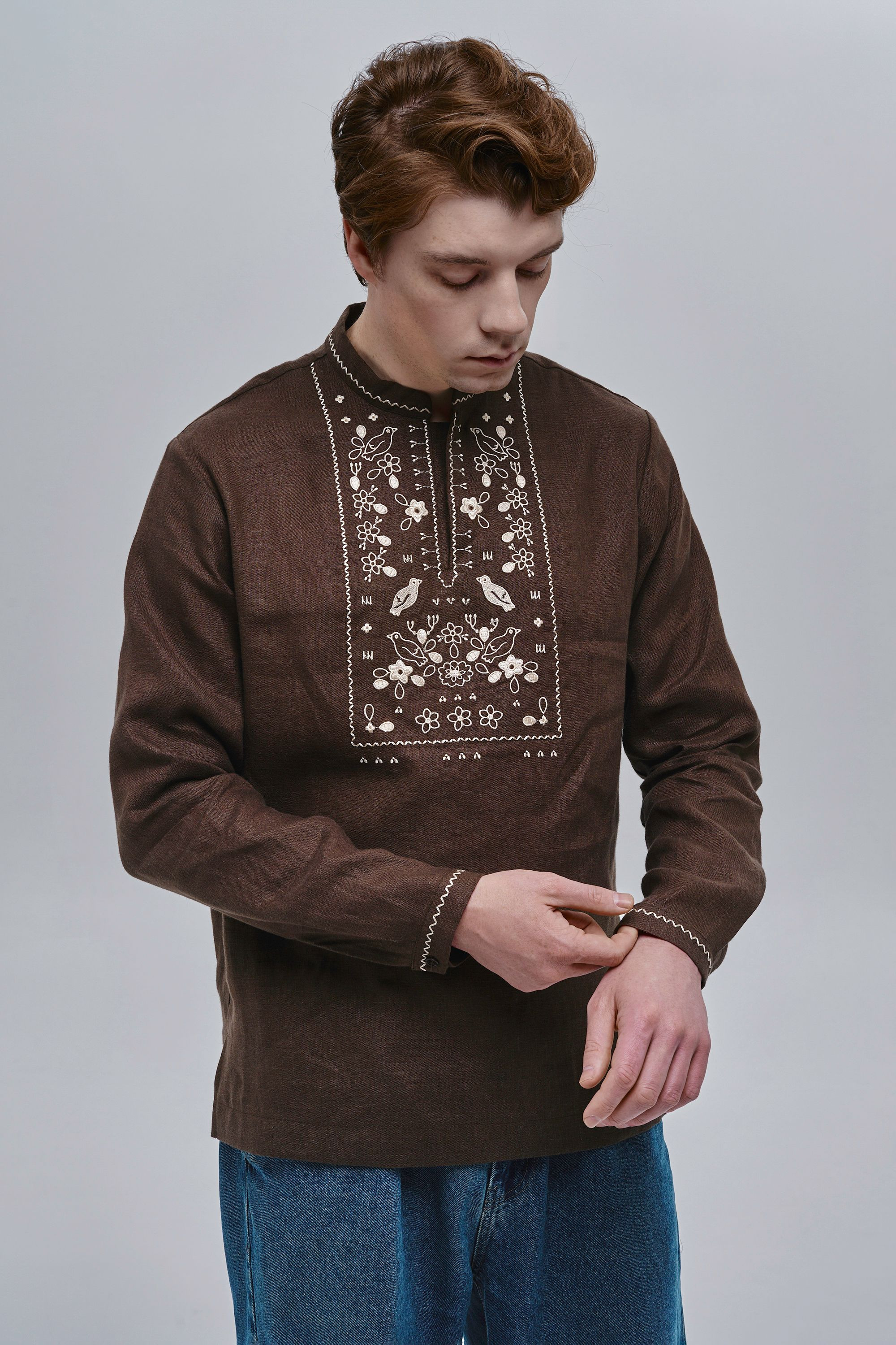 Chocolate embroidered men's shirt Huli-Huli | XS | 44