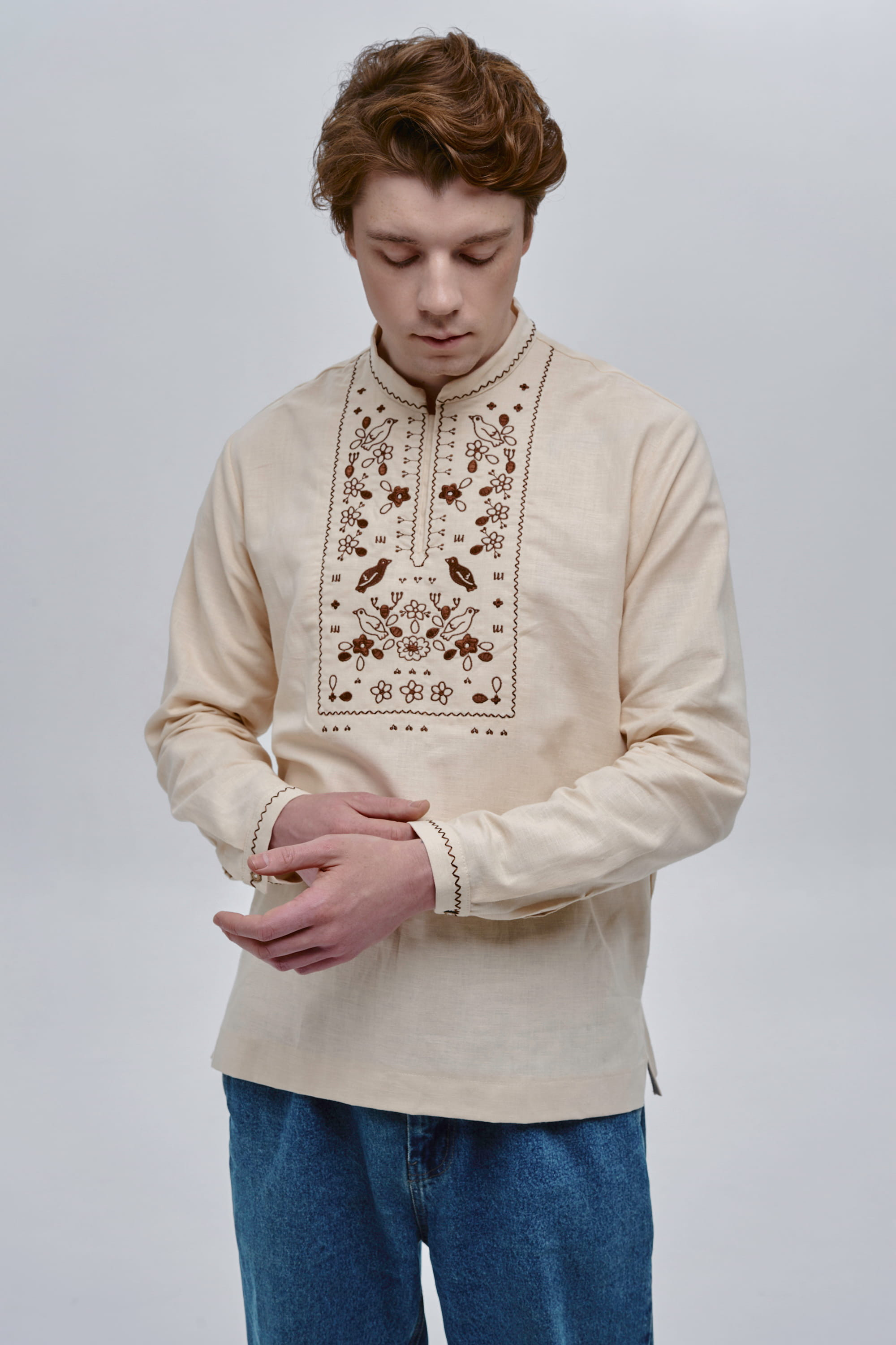 Beige embroidered men's shirt Huli-Huli | XS | 44