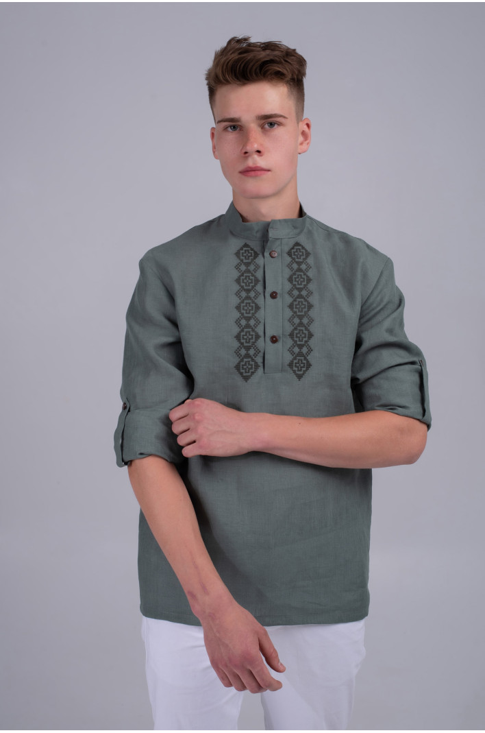 Male embroidered shirt khaki | XS | 44
