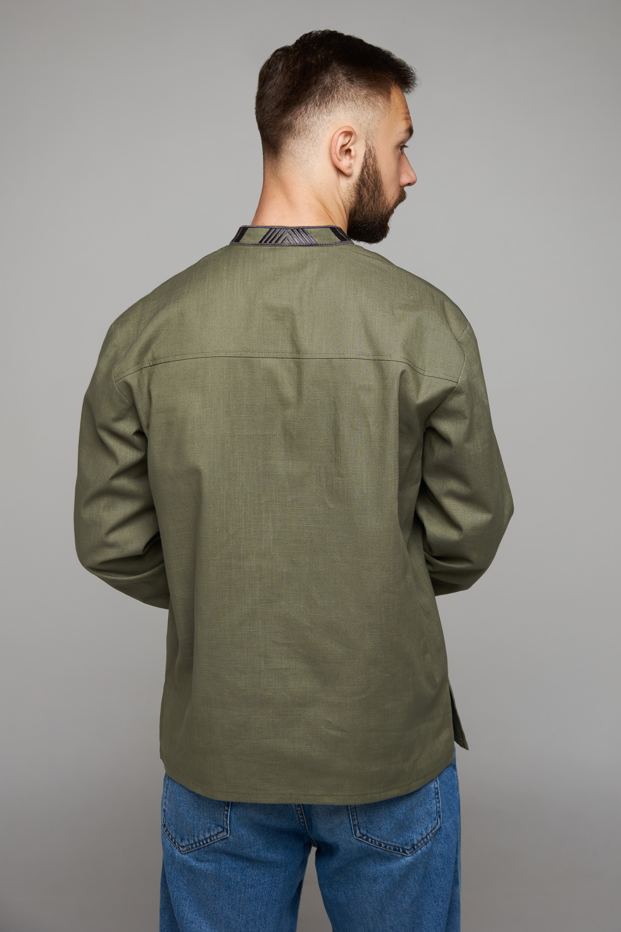 Men's embroidered shirt dark blue with a clasp on the bar Khaki | S | 46