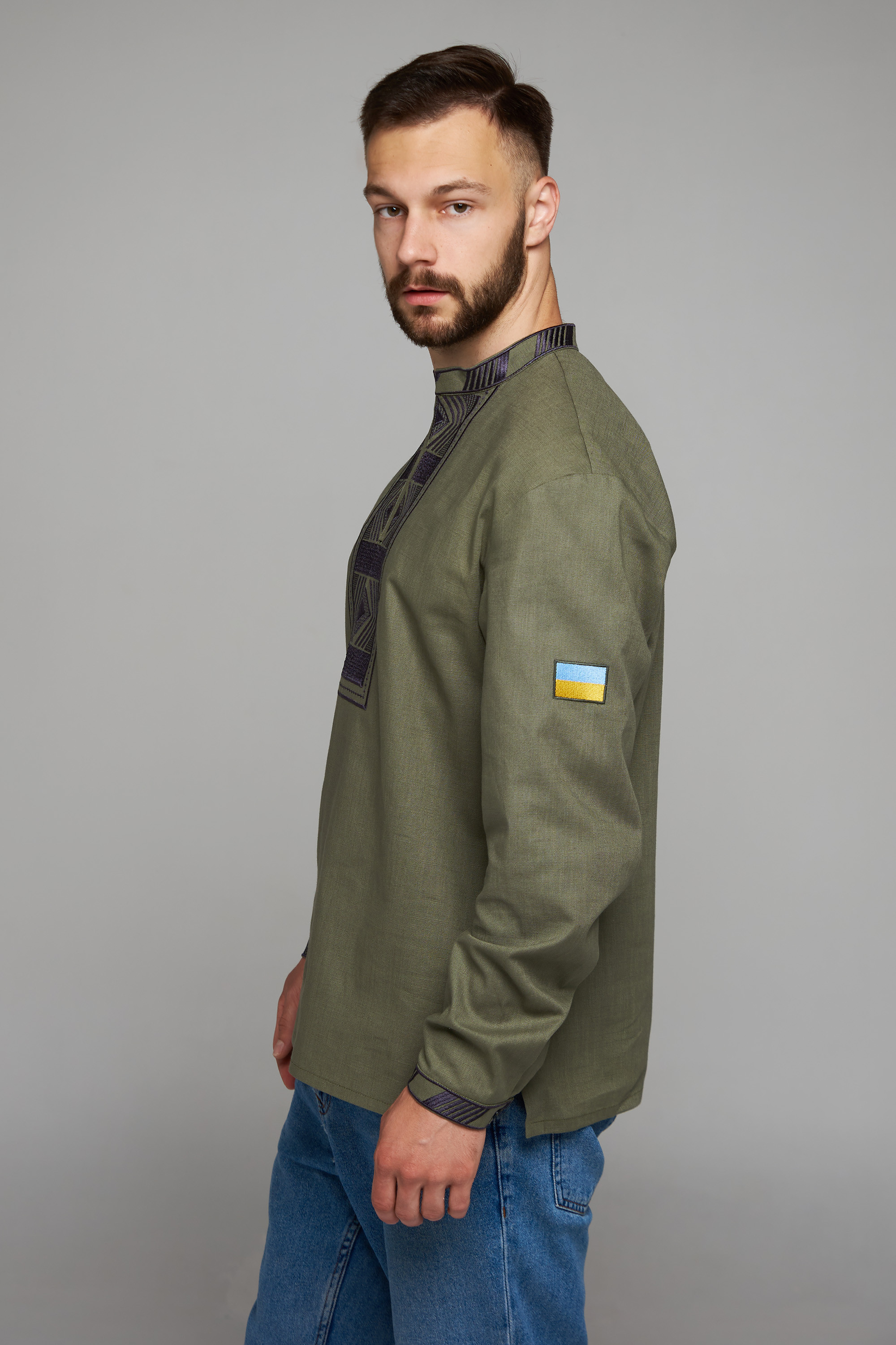 Men's embroidered shirt dark blue with a clasp on the bar Khaki | S | 46