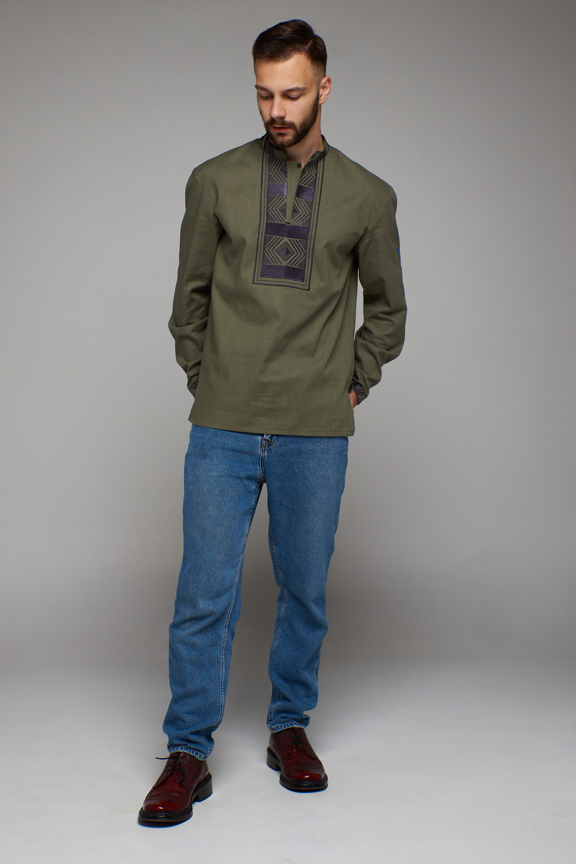 Men's embroidered shirt dark blue with a clasp on the bar Khaki | S | 46