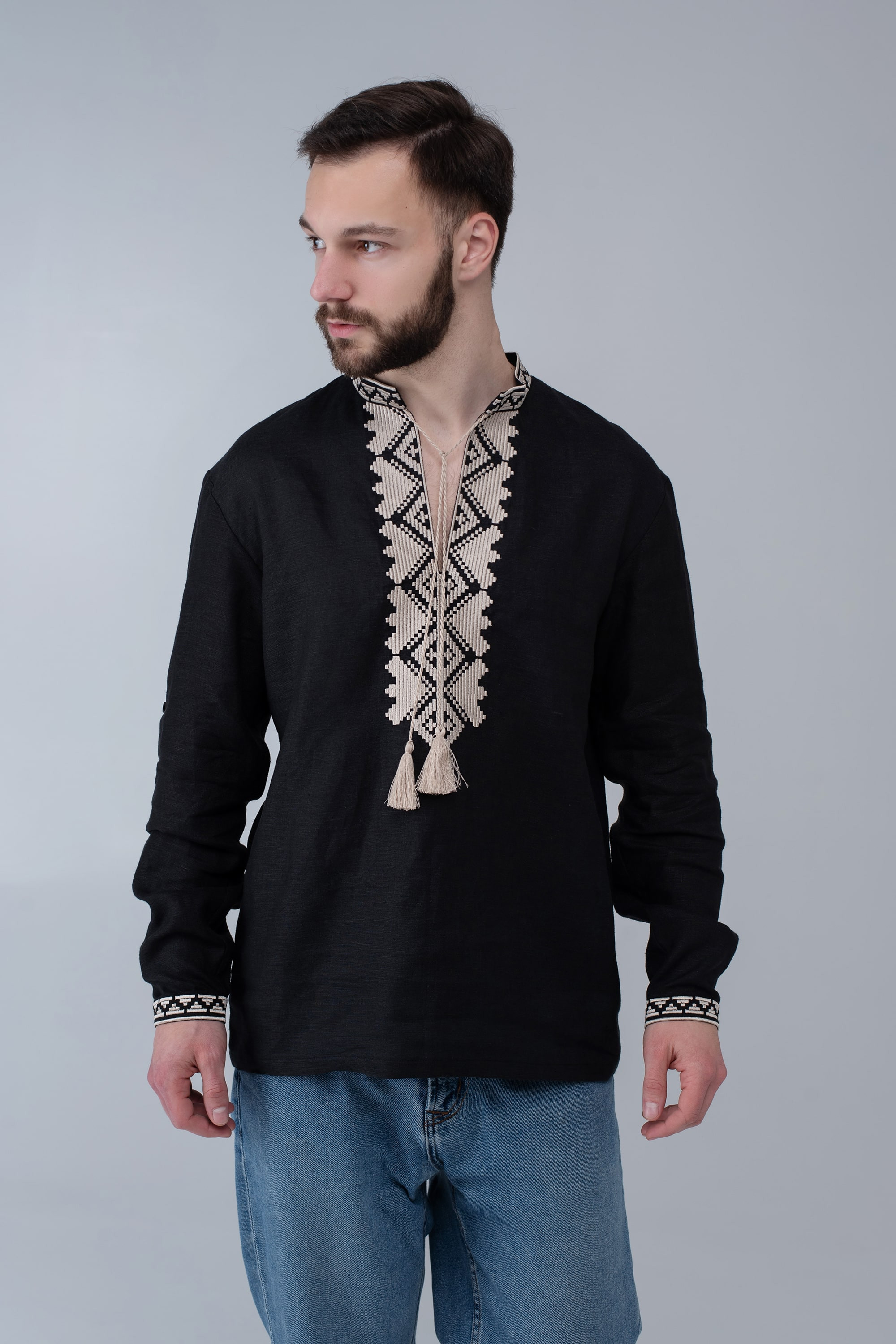 Men's black embroidered linen jacket | XS | 44