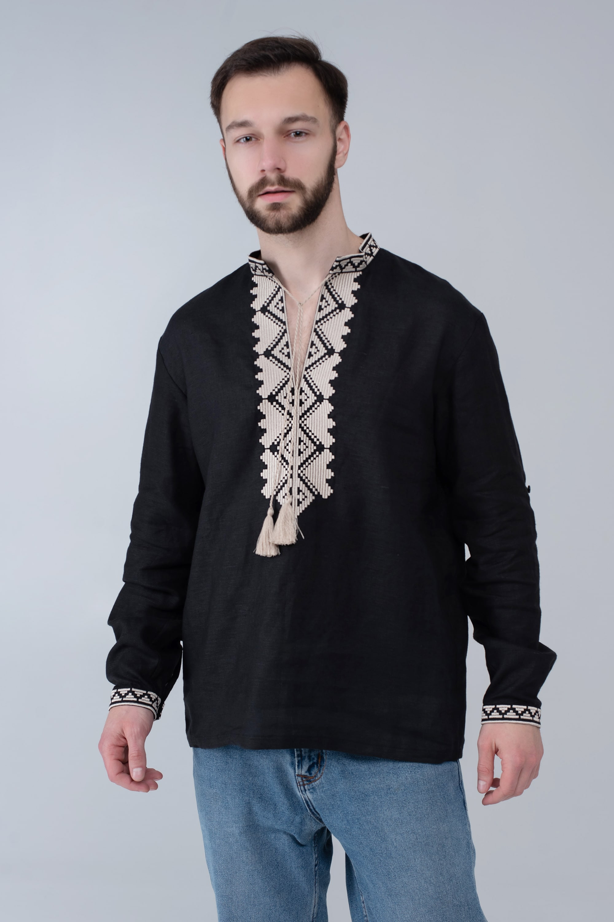 Men's black embroidered linen jacket | XS | 44