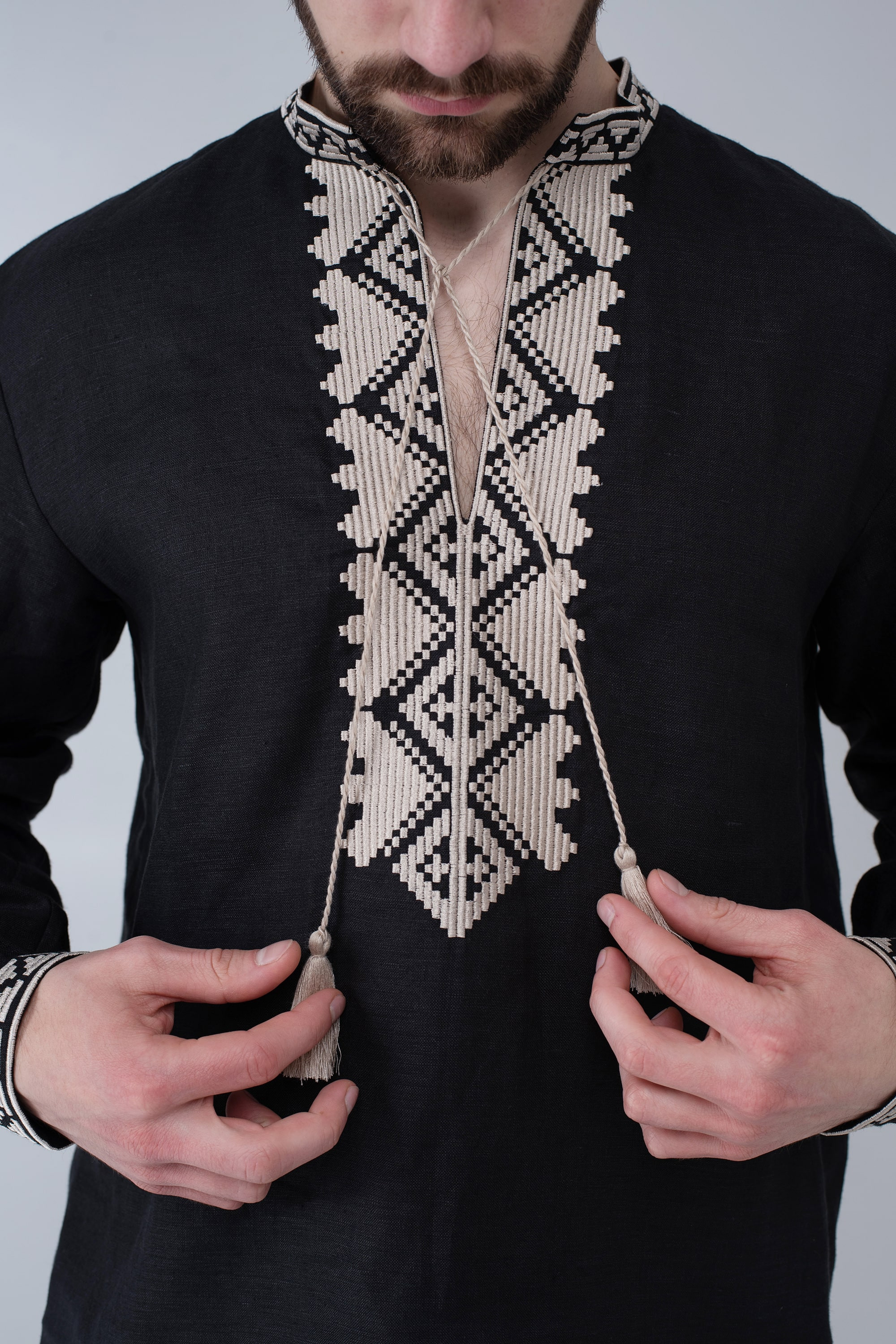 Men's black embroidered linen jacket | XS | 44