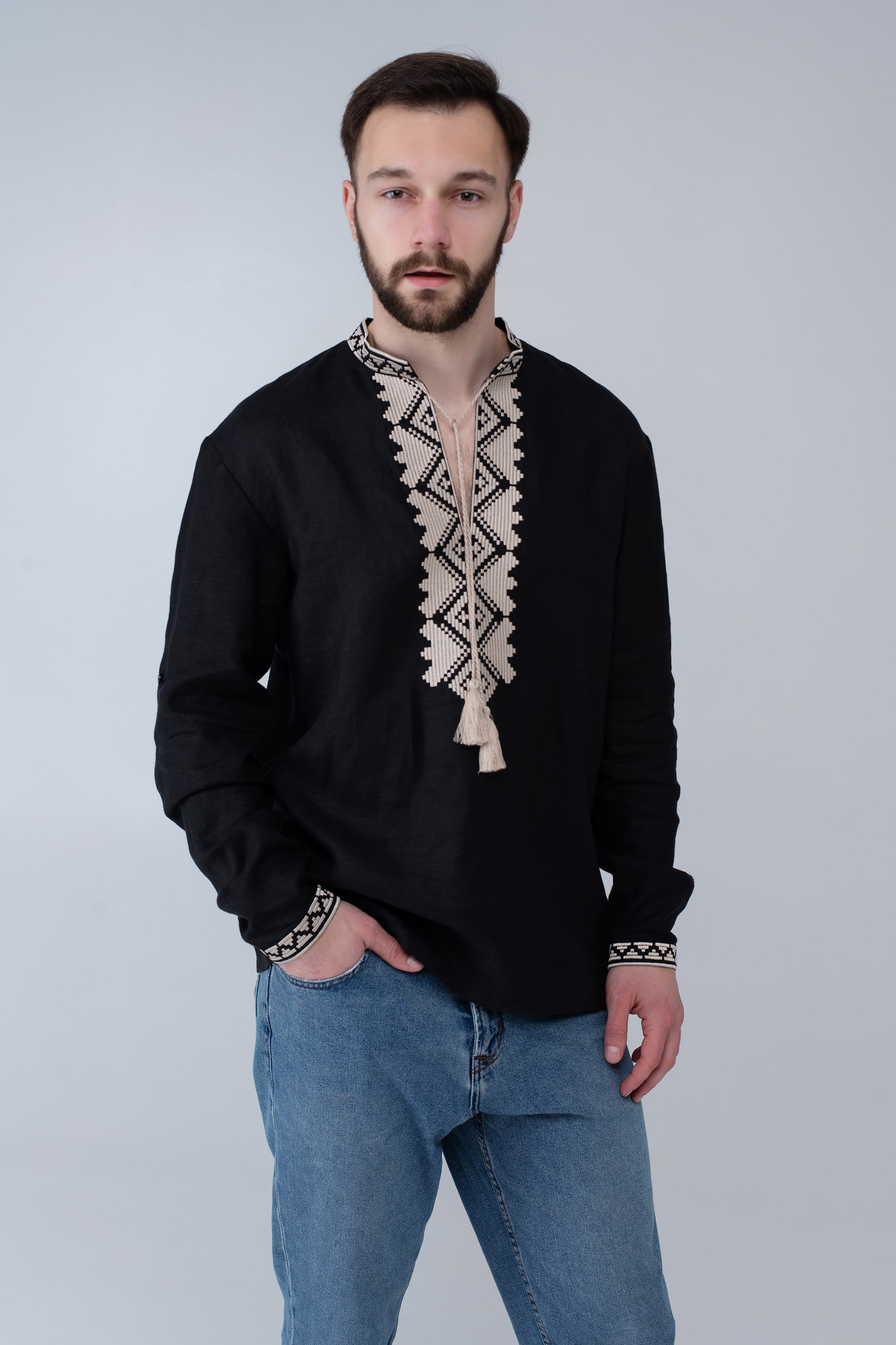 Men's black embroidered linen jacket