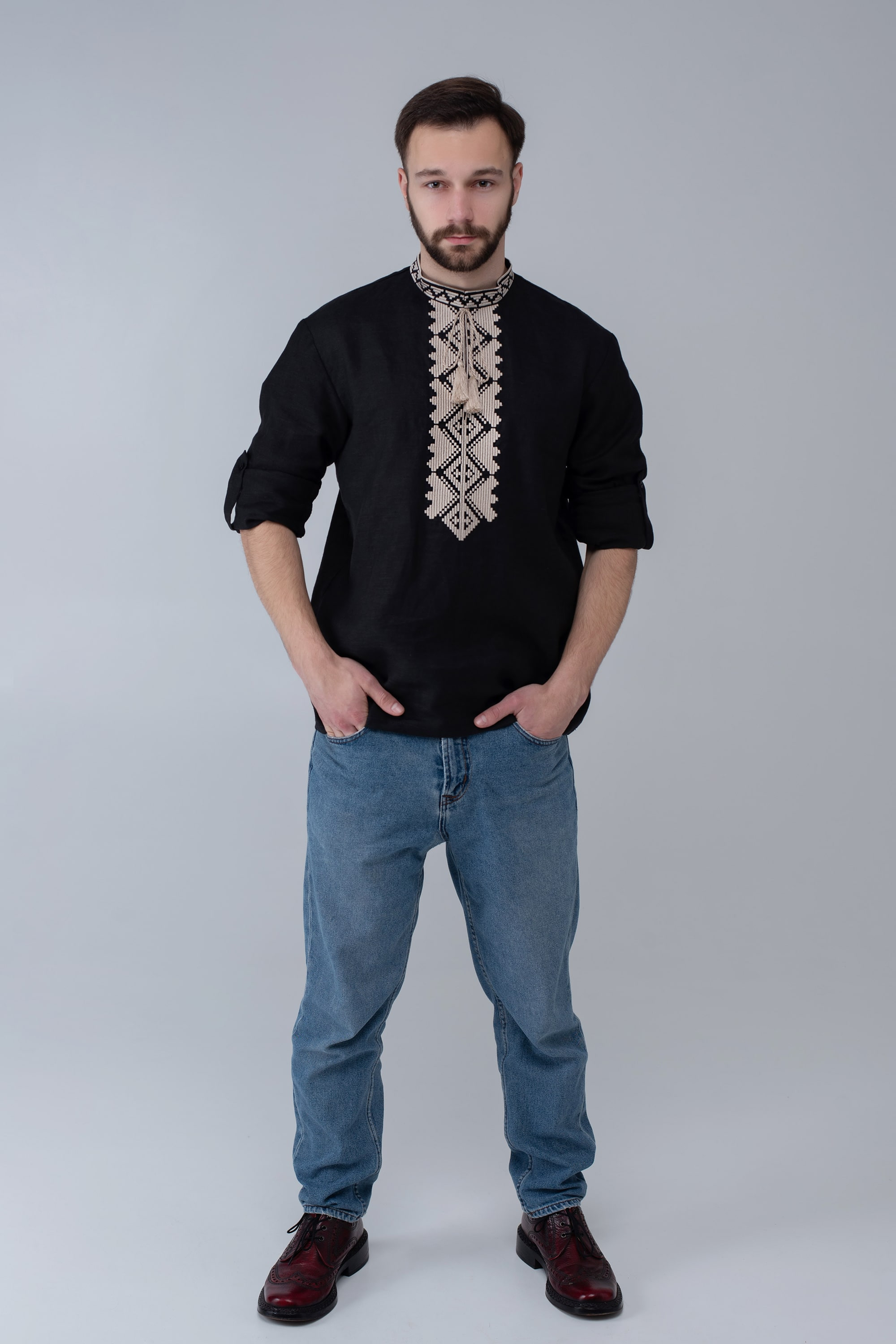 Men's black embroidered linen jacket | XS | 44