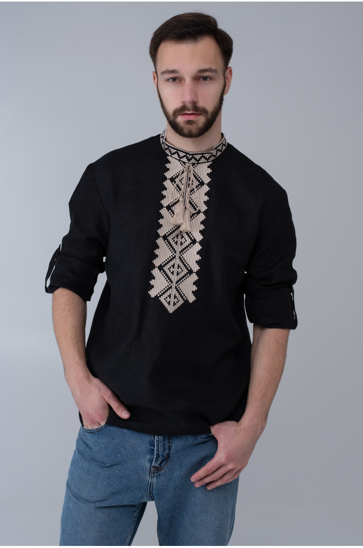 Men's black embroidered linen jacket | XS | 44