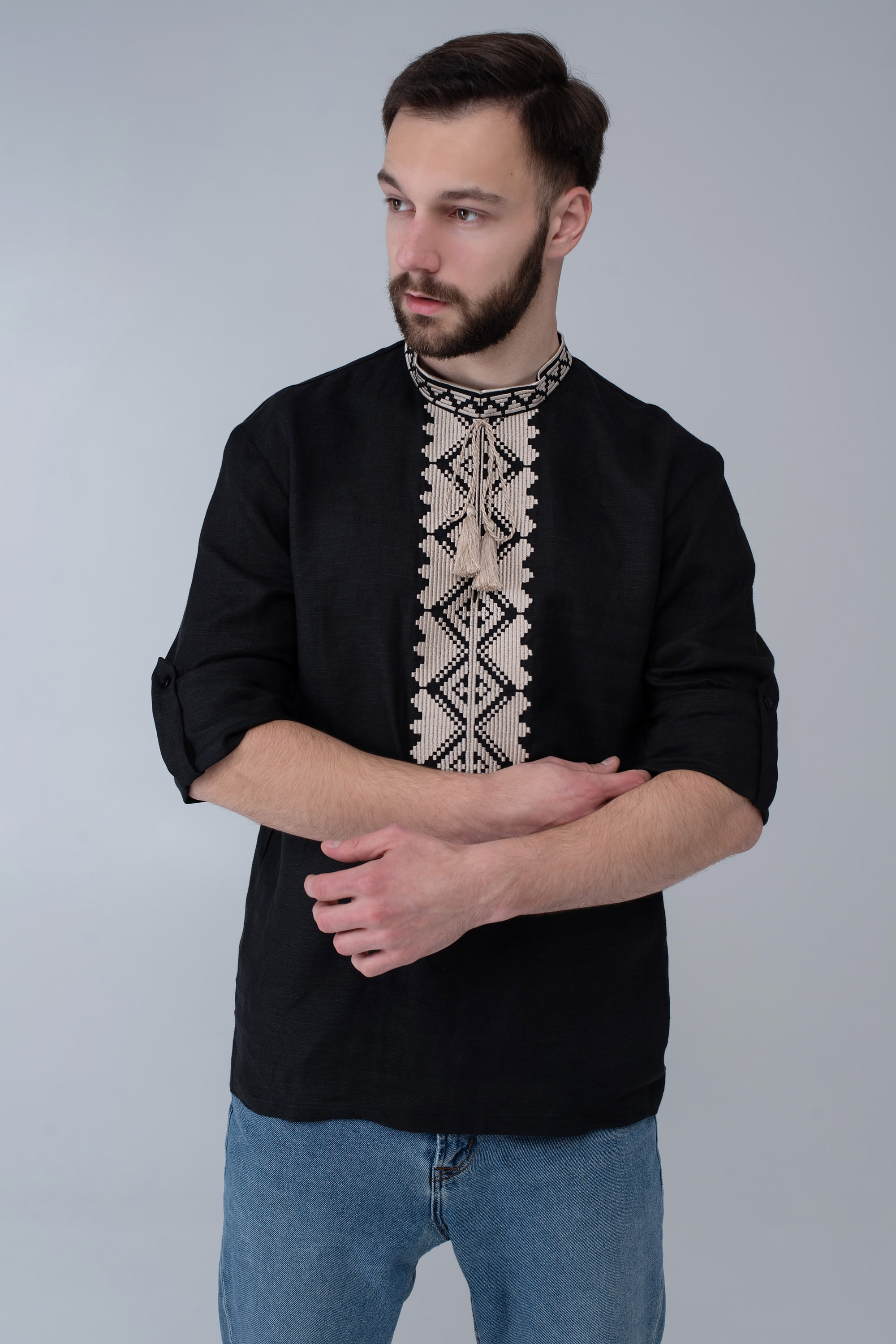 Men's black embroidered linen jacket