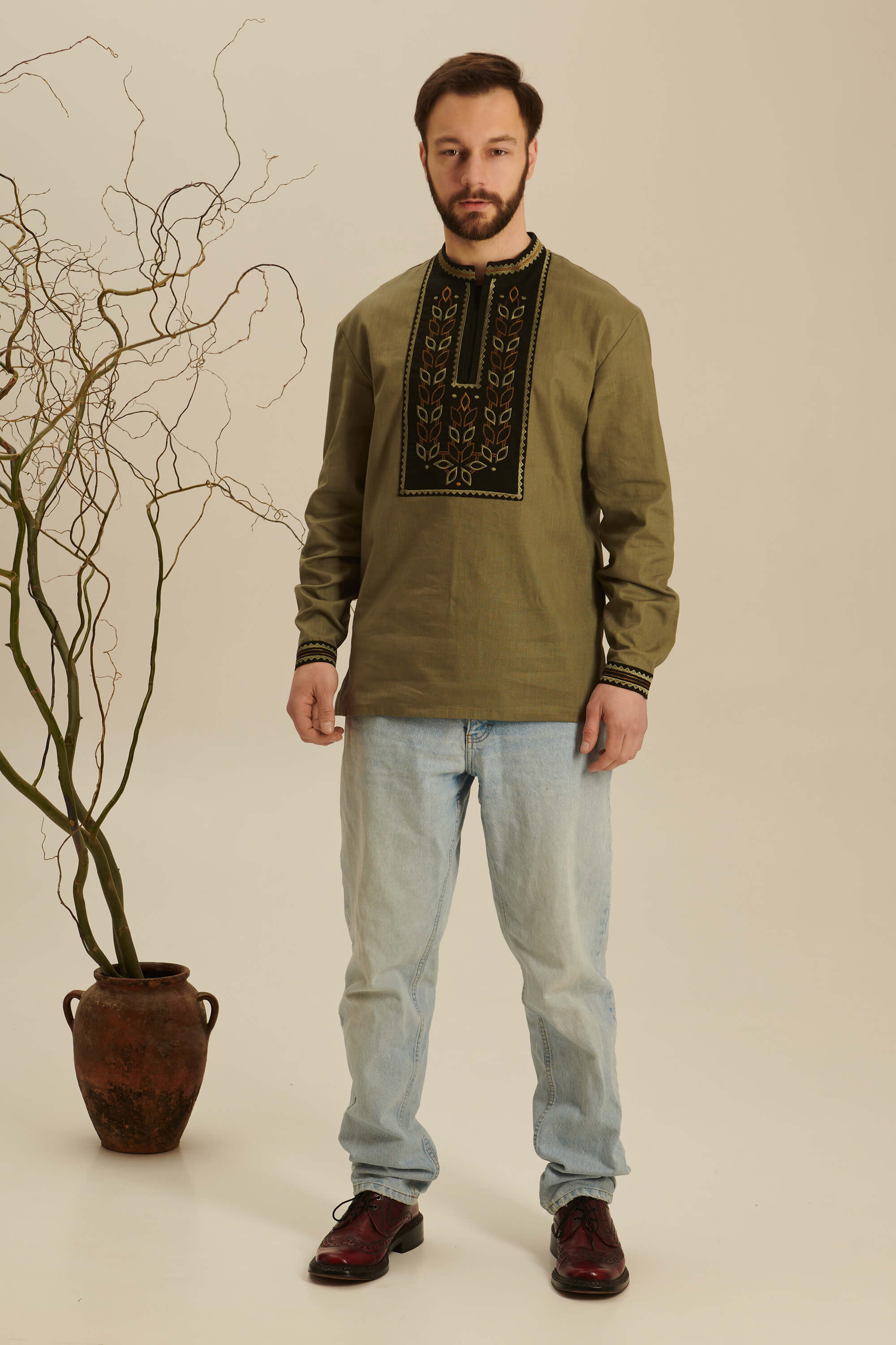 Colossus khaki embroidered shirt for men | S | 46