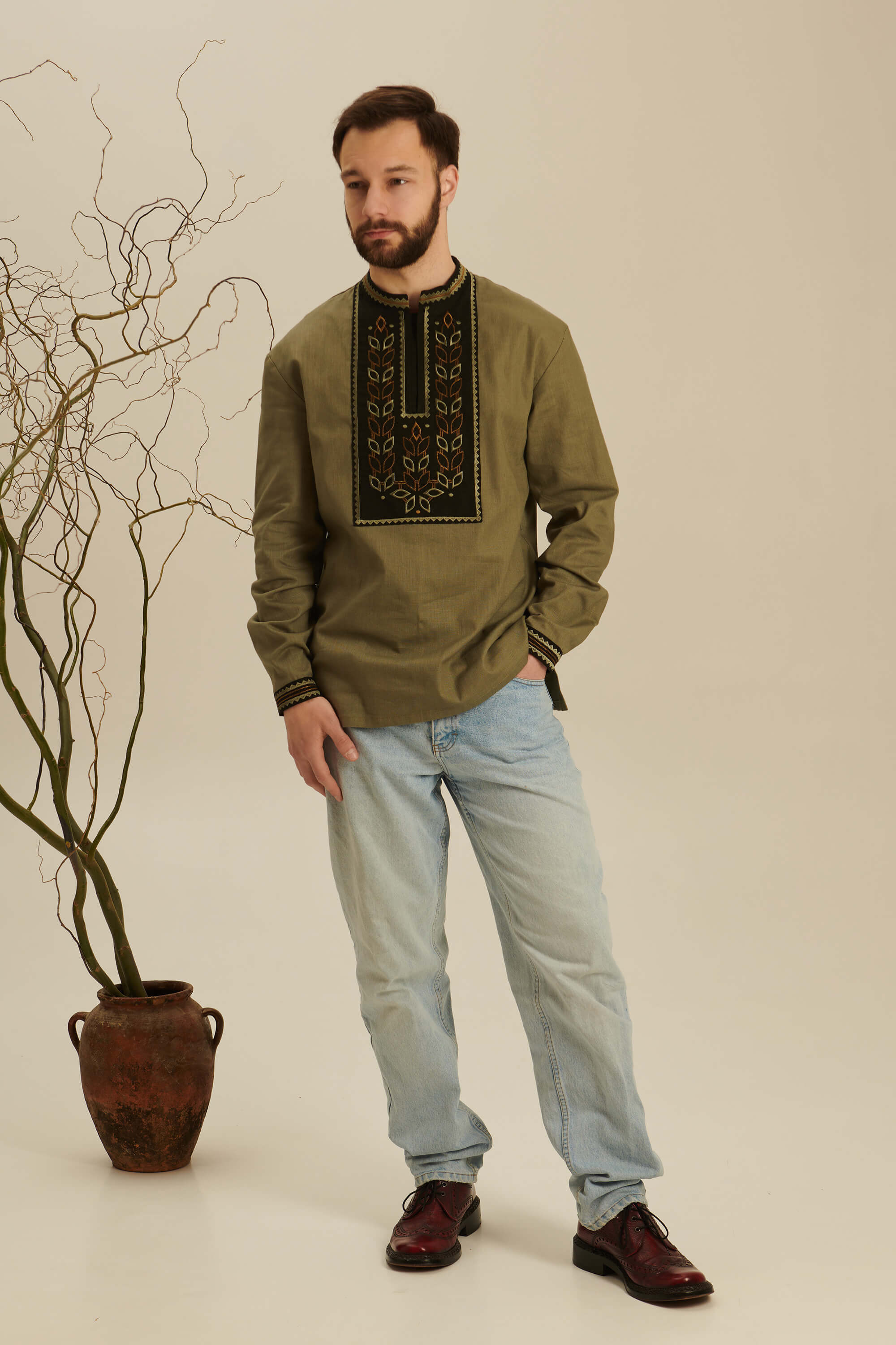 Colossus khaki embroidered shirt for men | S | 46