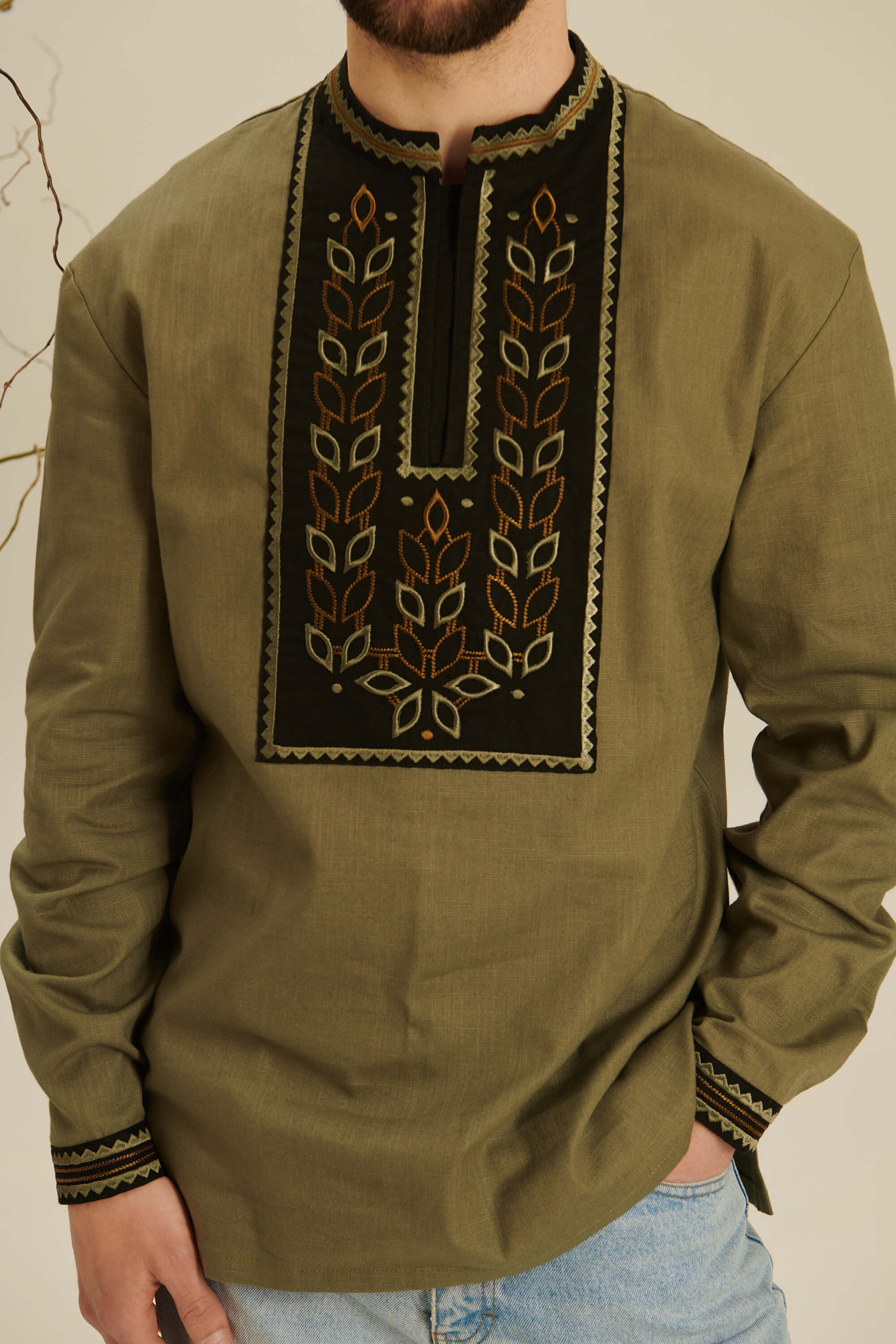 Colossus khaki embroidered shirt for men | S | 46
