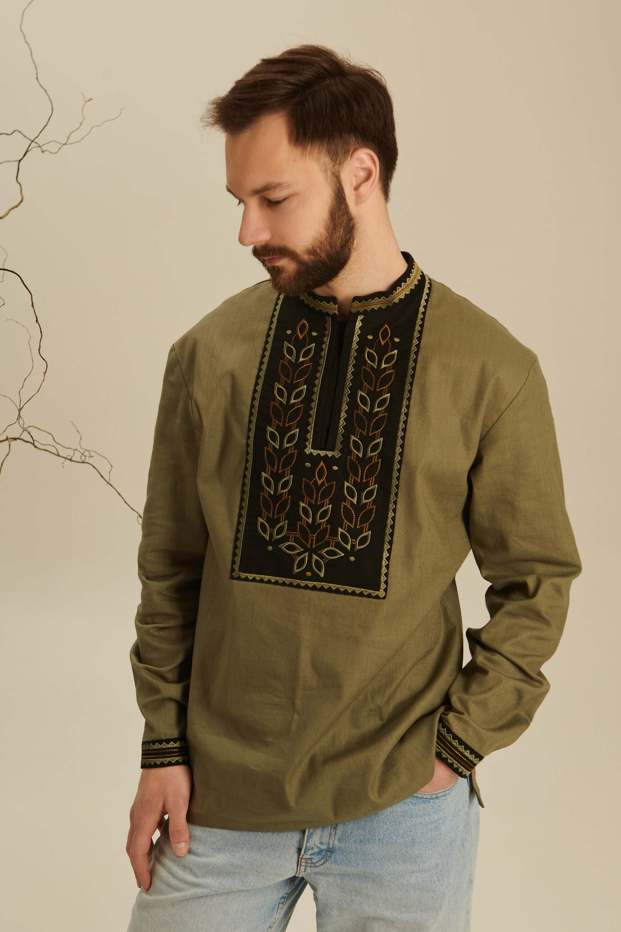 Colossus khaki embroidered shirt for men