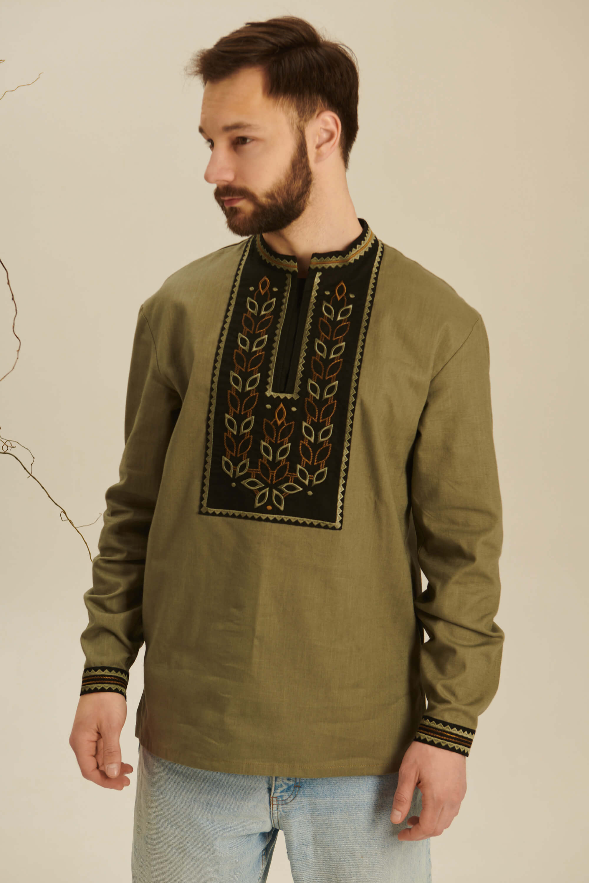 Colossus khaki embroidered shirt for men | S | 46