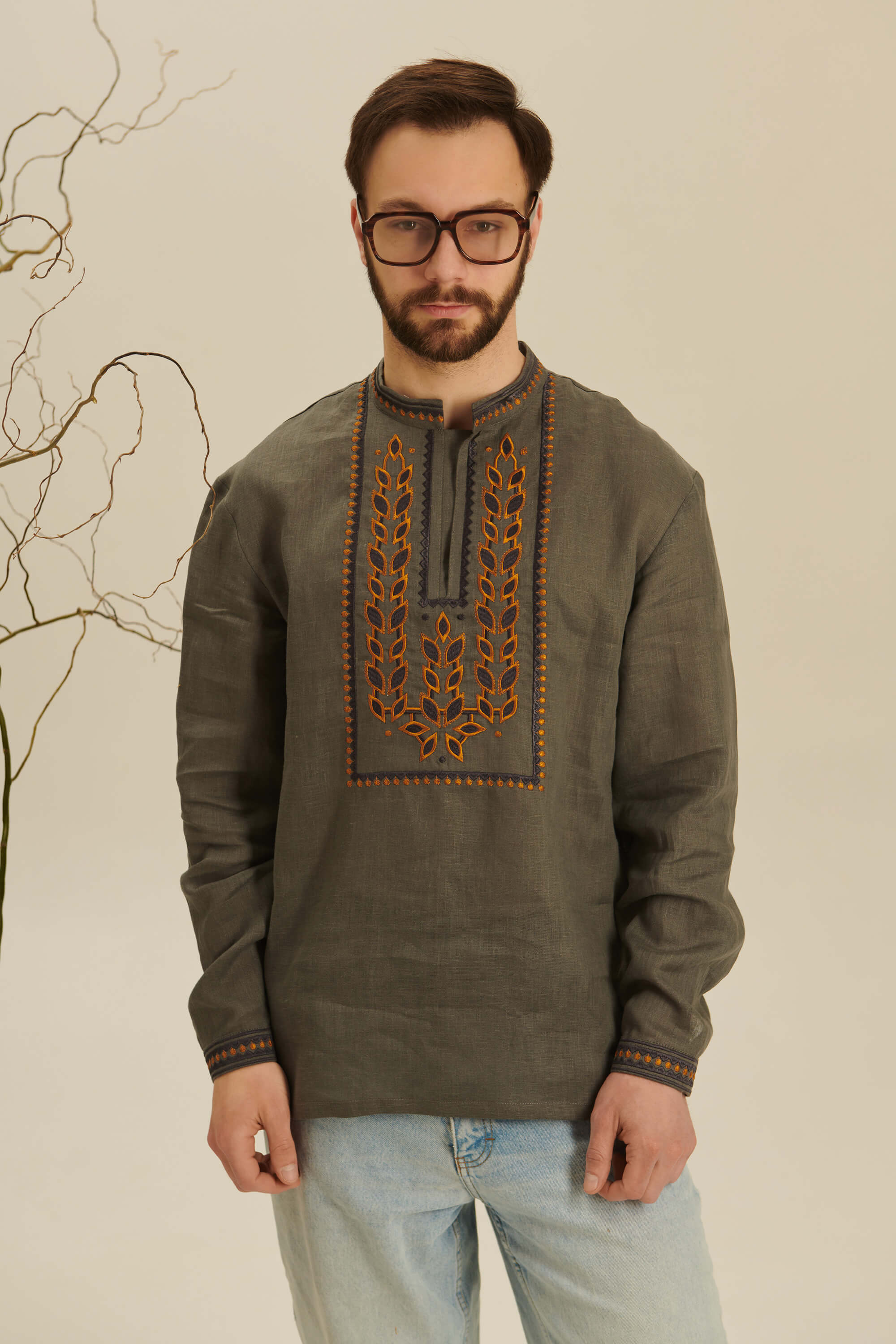 Colossus khaki embroidered shirt for men 2 | S | 46