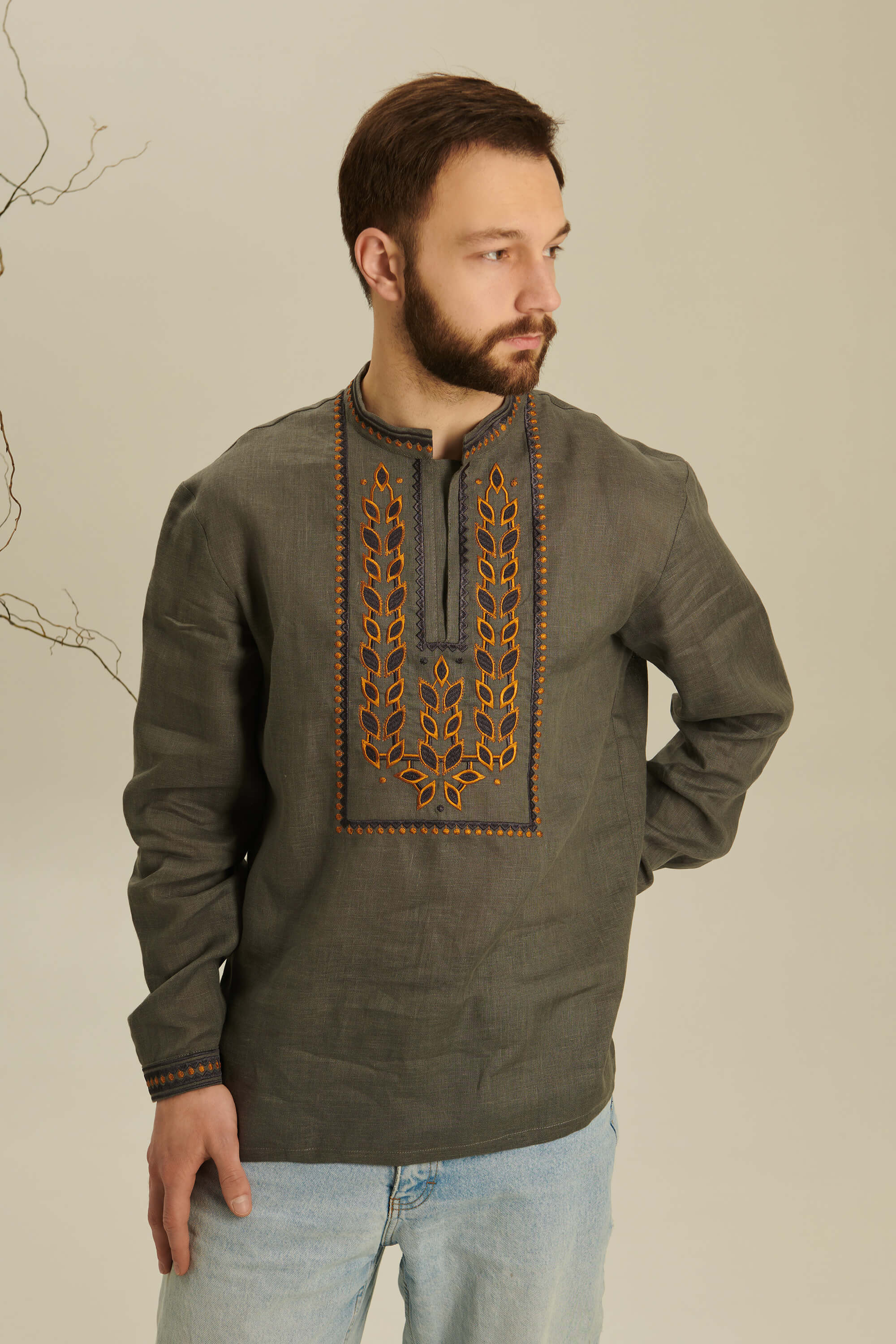 Colossus khaki embroidered shirt for men 2 | S | 46