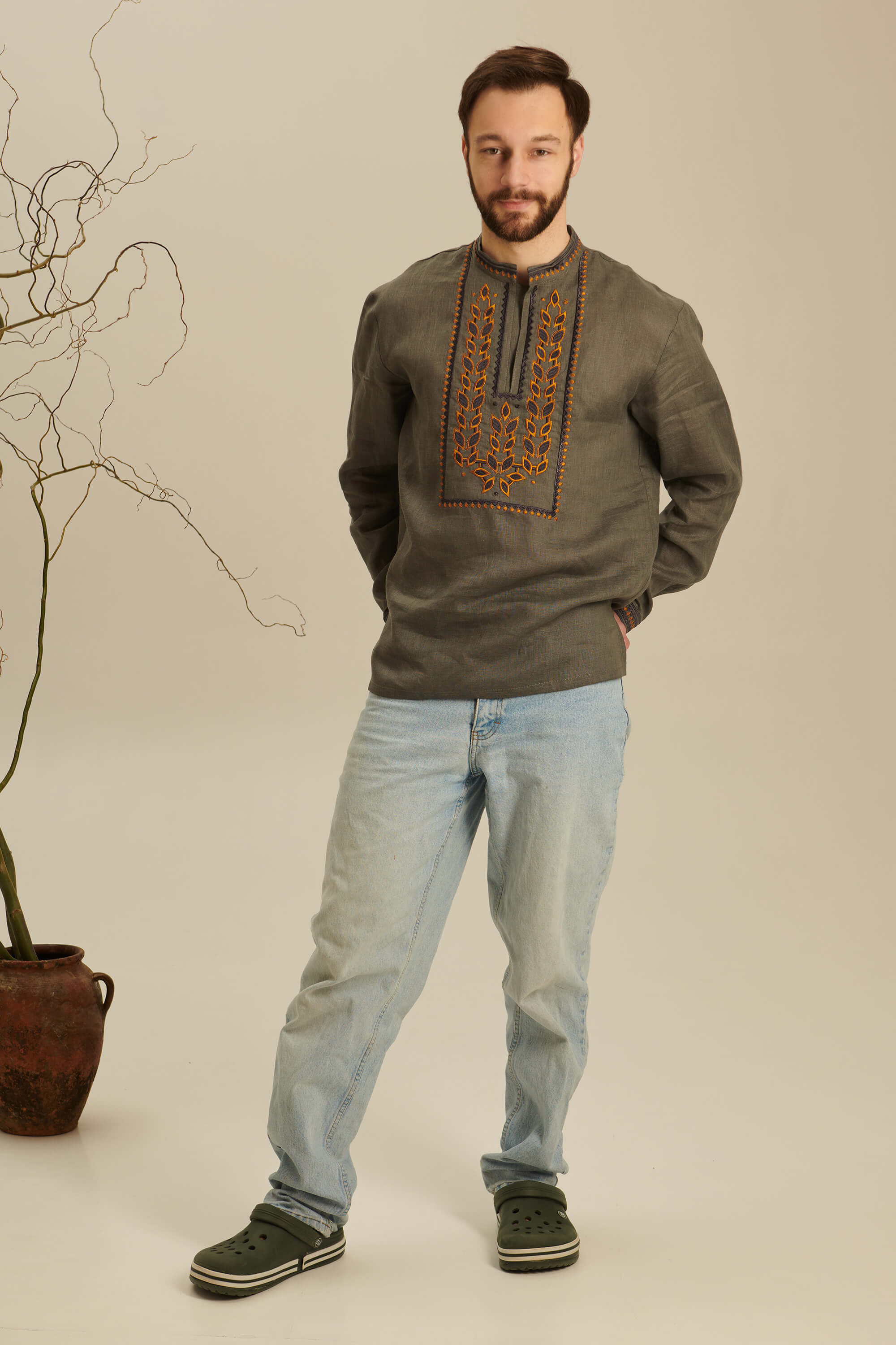 Colossus khaki embroidered shirt for men 2