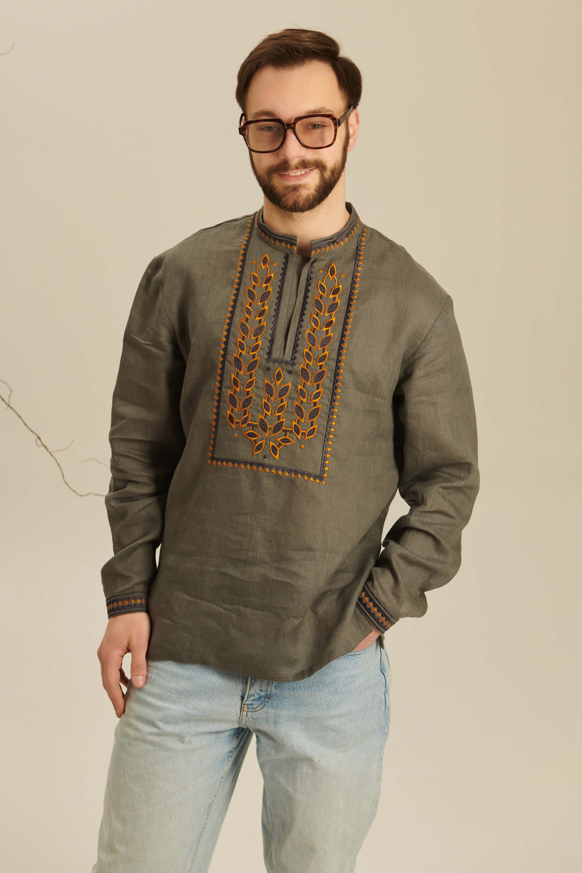 Colossus khaki embroidered shirt for men 2 | S | 46