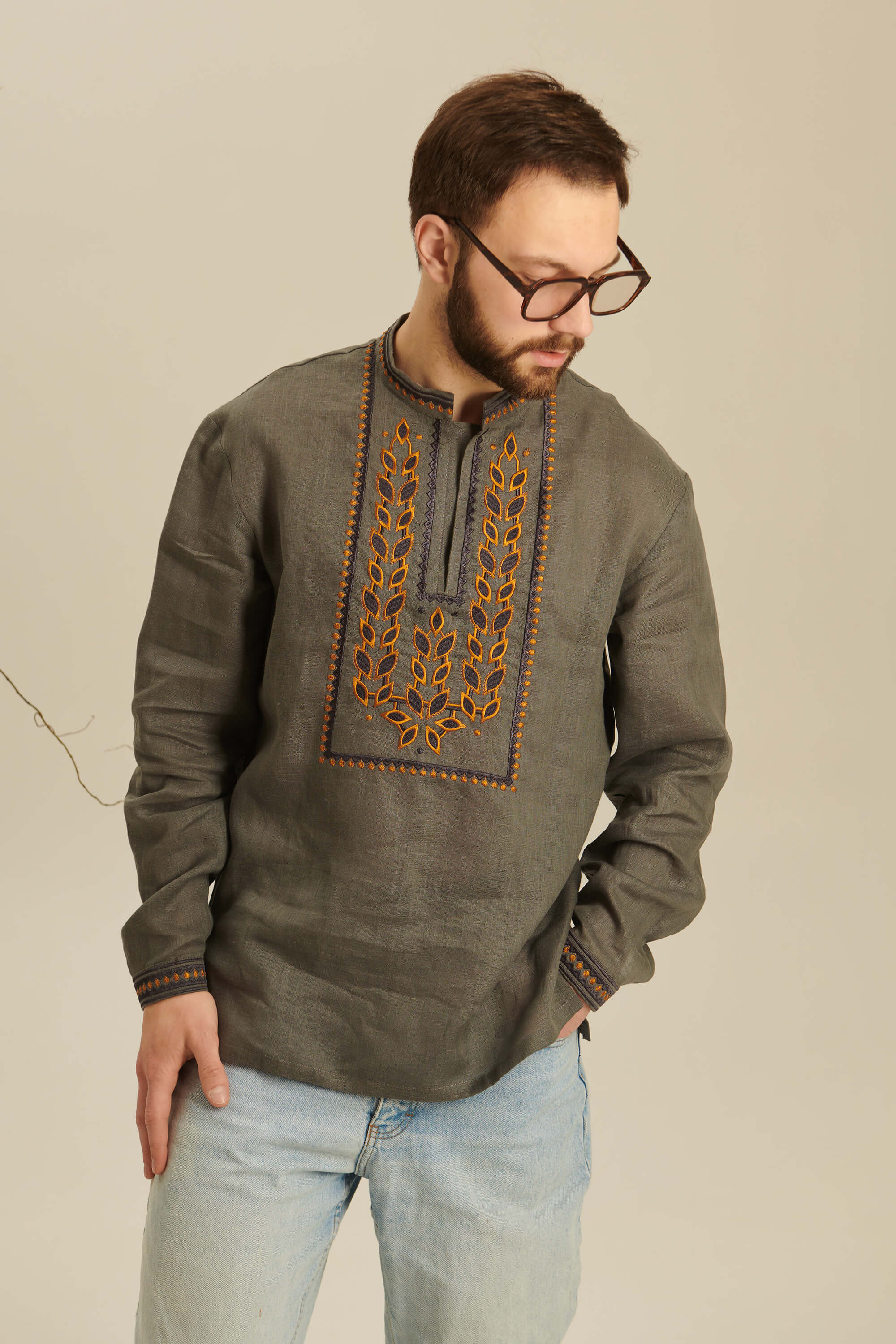 Colossus khaki embroidered shirt for men 2 | S | 46