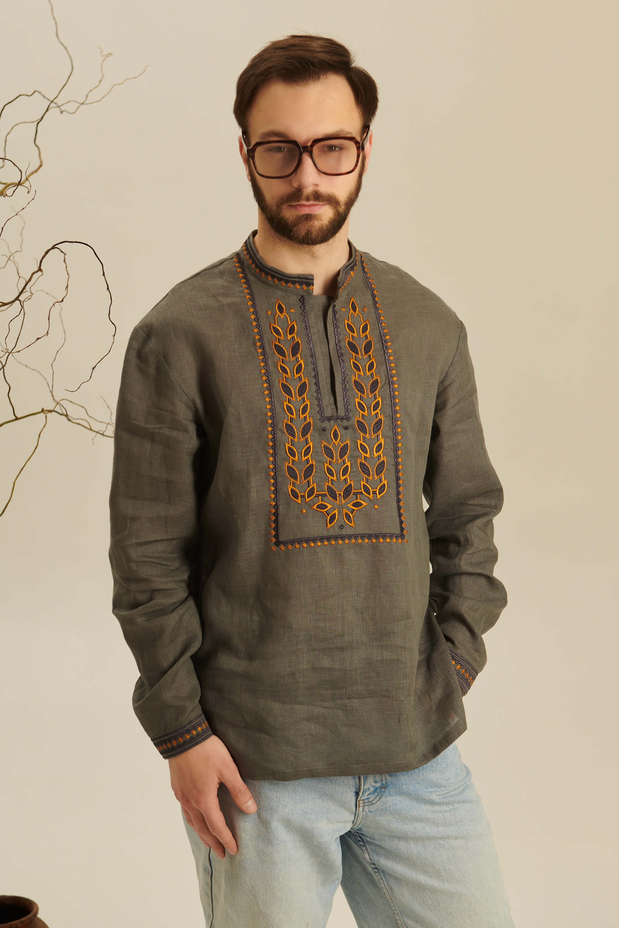 Colossus khaki embroidered shirt for men 2 | S | 46