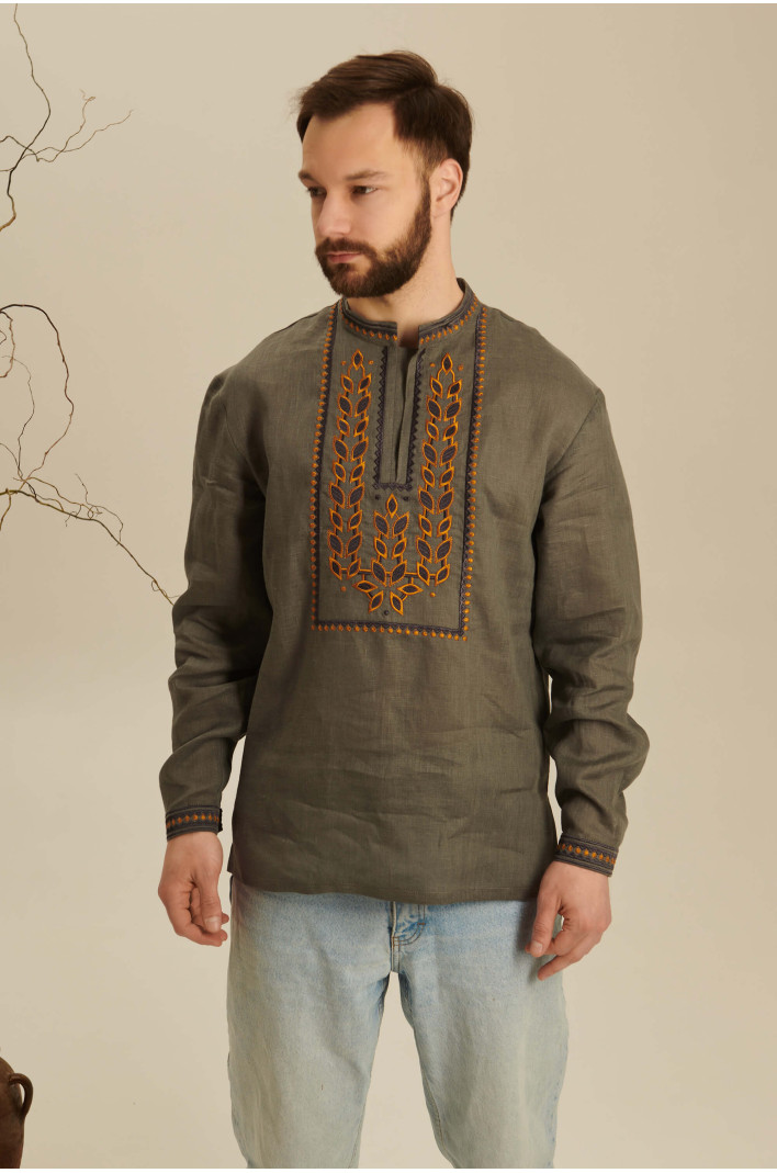 Colossus khaki embroidered shirt for men 2 | S | 46