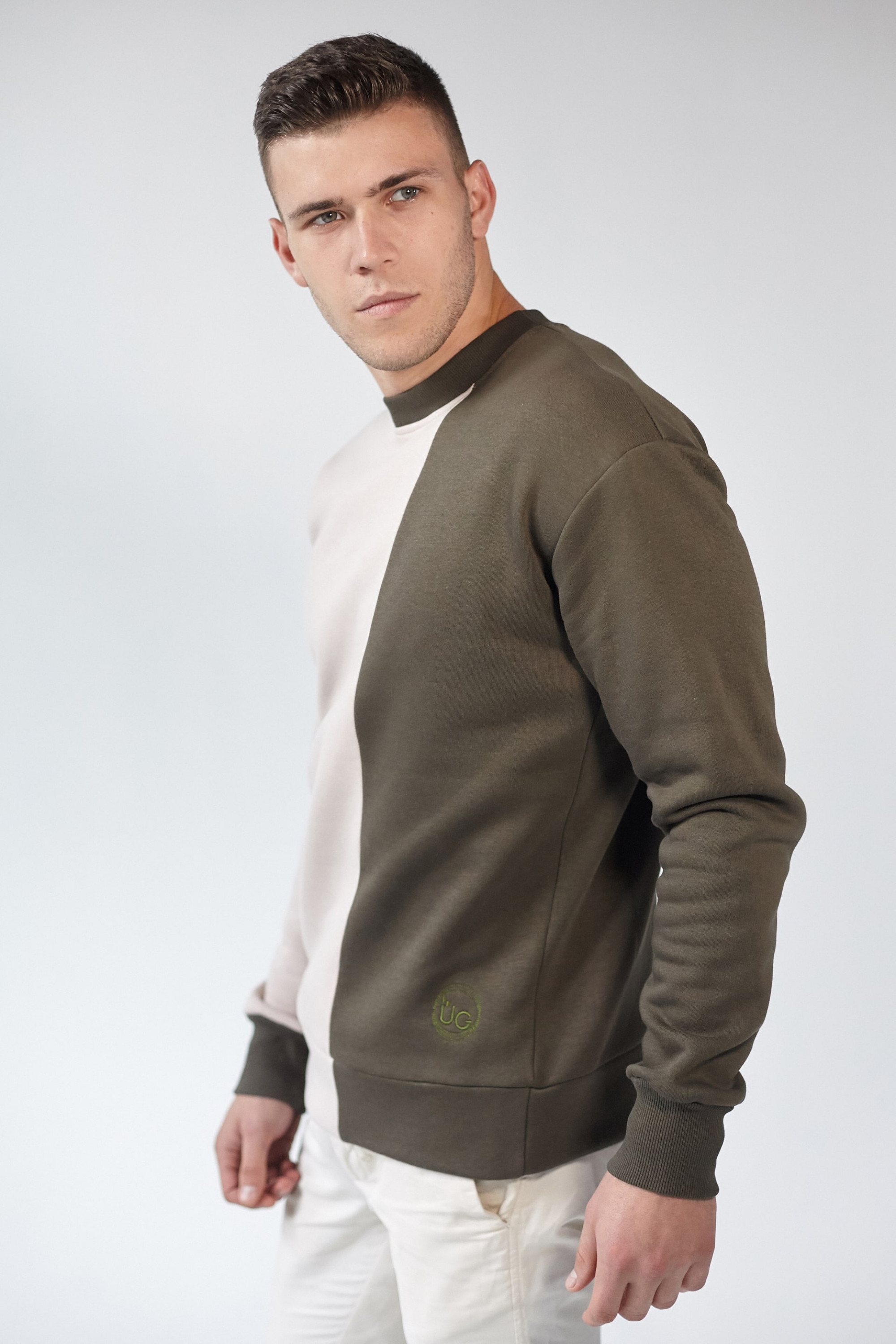 Male embroidered sweatshirt Khaki + Beige