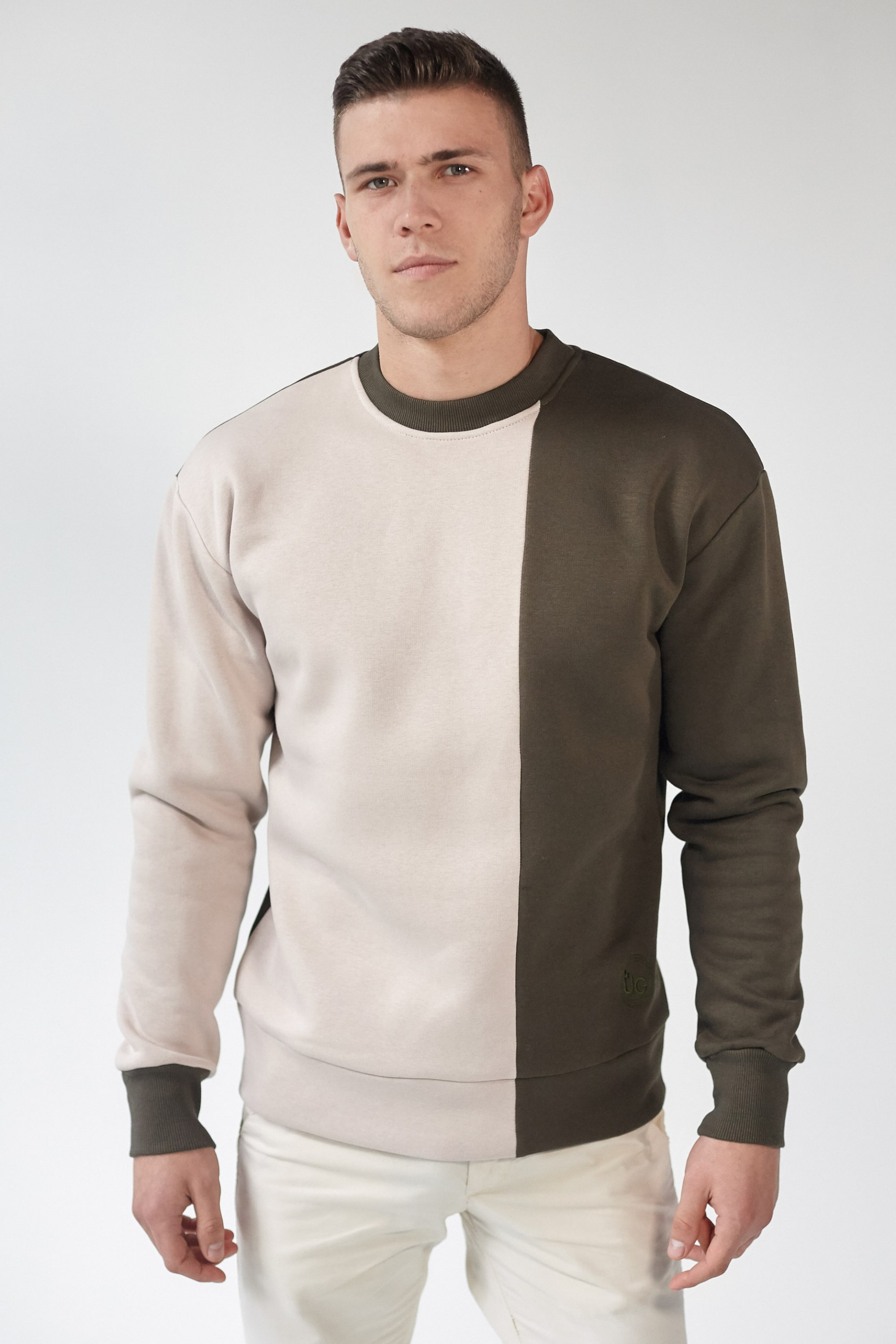 Male embroidered sweatshirt Khaki + Beige
