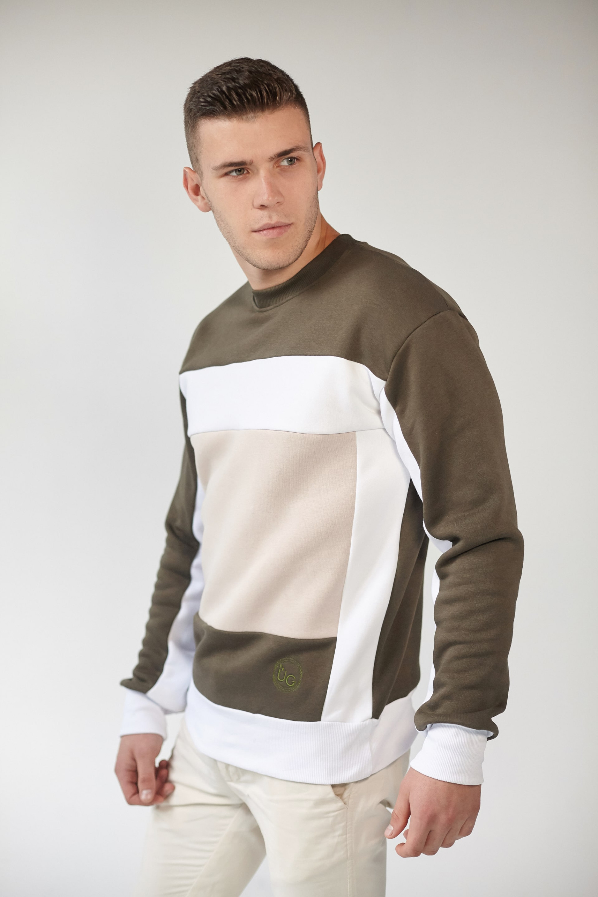 Male embroidered sweatshirt Khaki + White + Beige