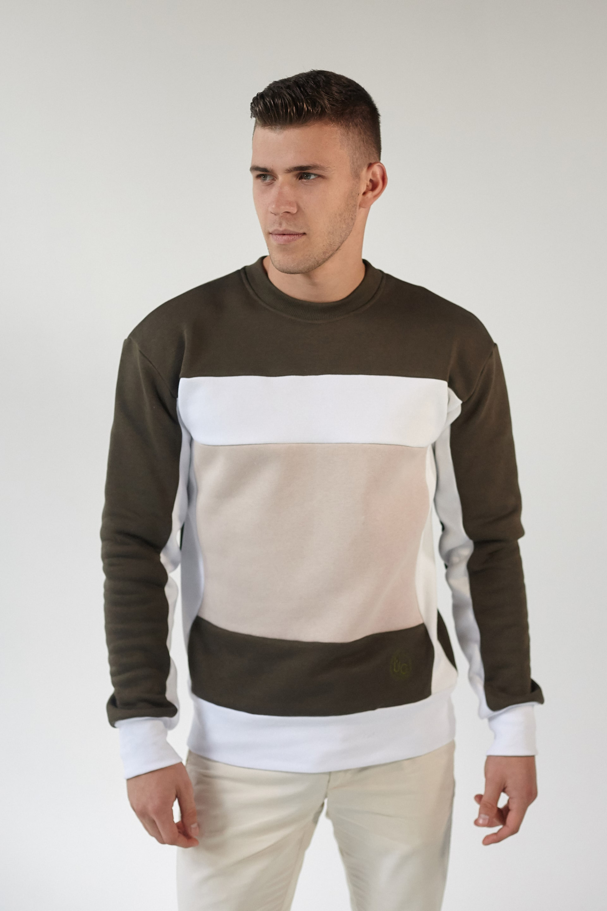 Male embroidered sweatshirt Khaki + White + Beige