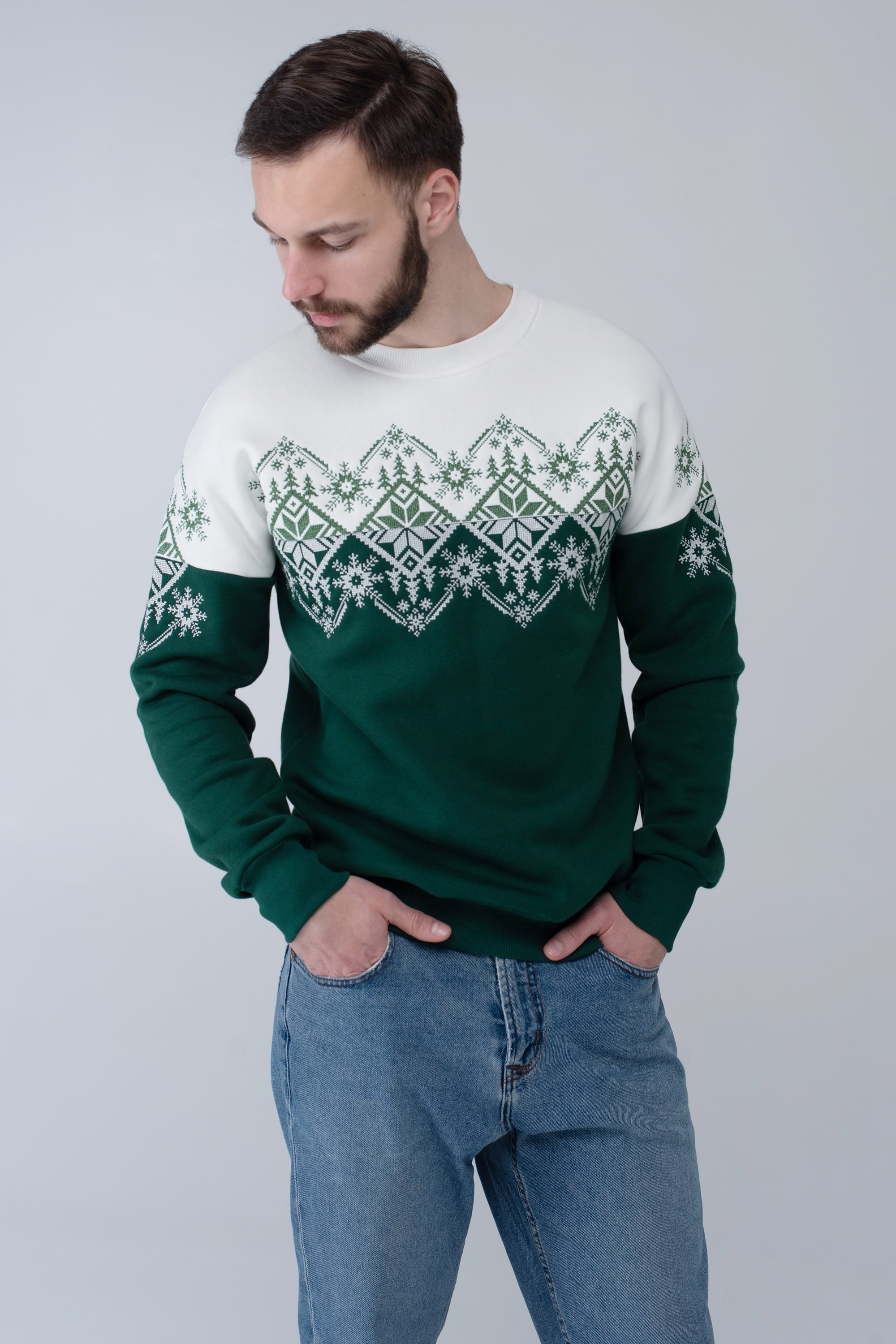 Male green New пYear's sweatshirt Snowflake | S
