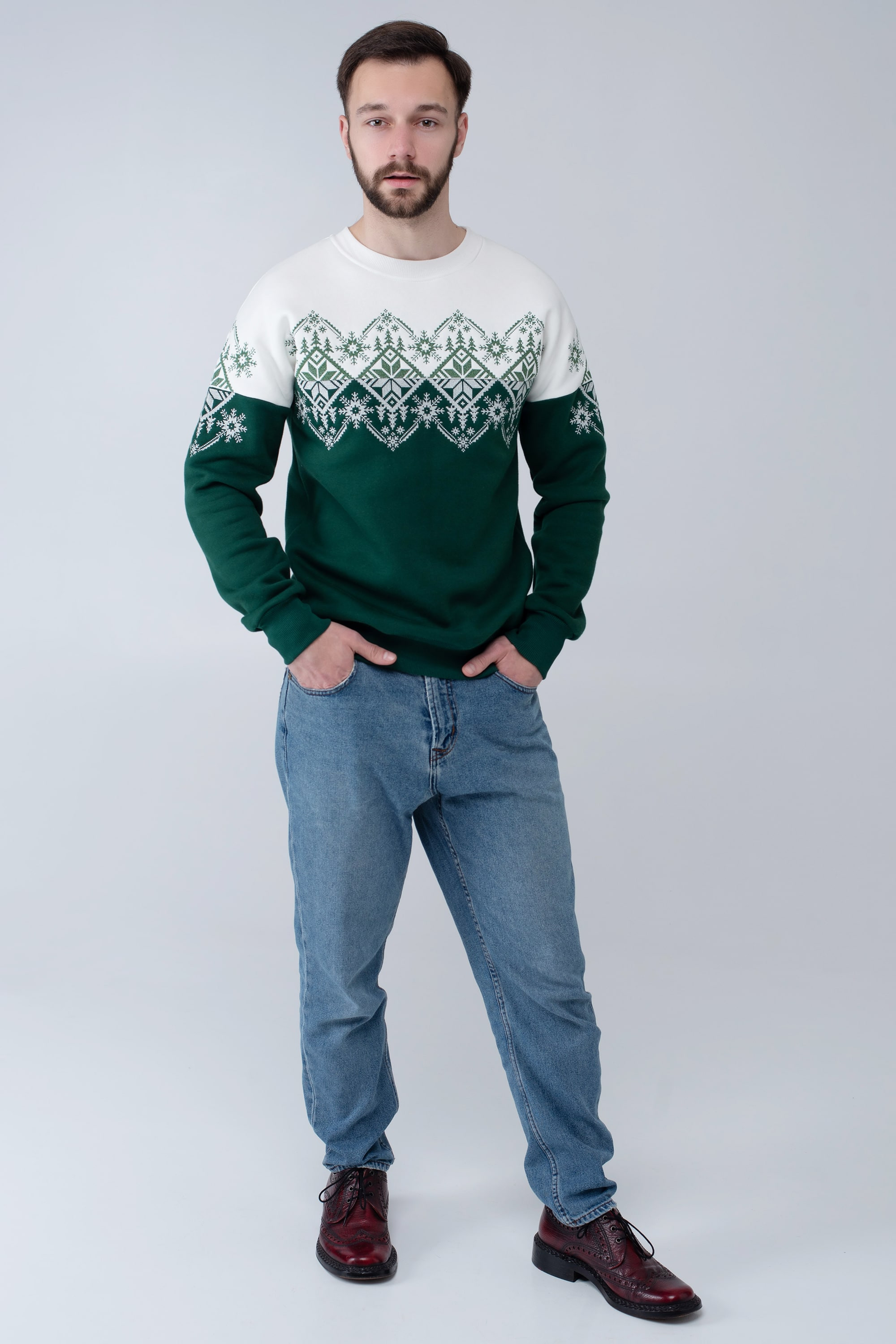 Male green New пYear's sweatshirt Snowflake | S