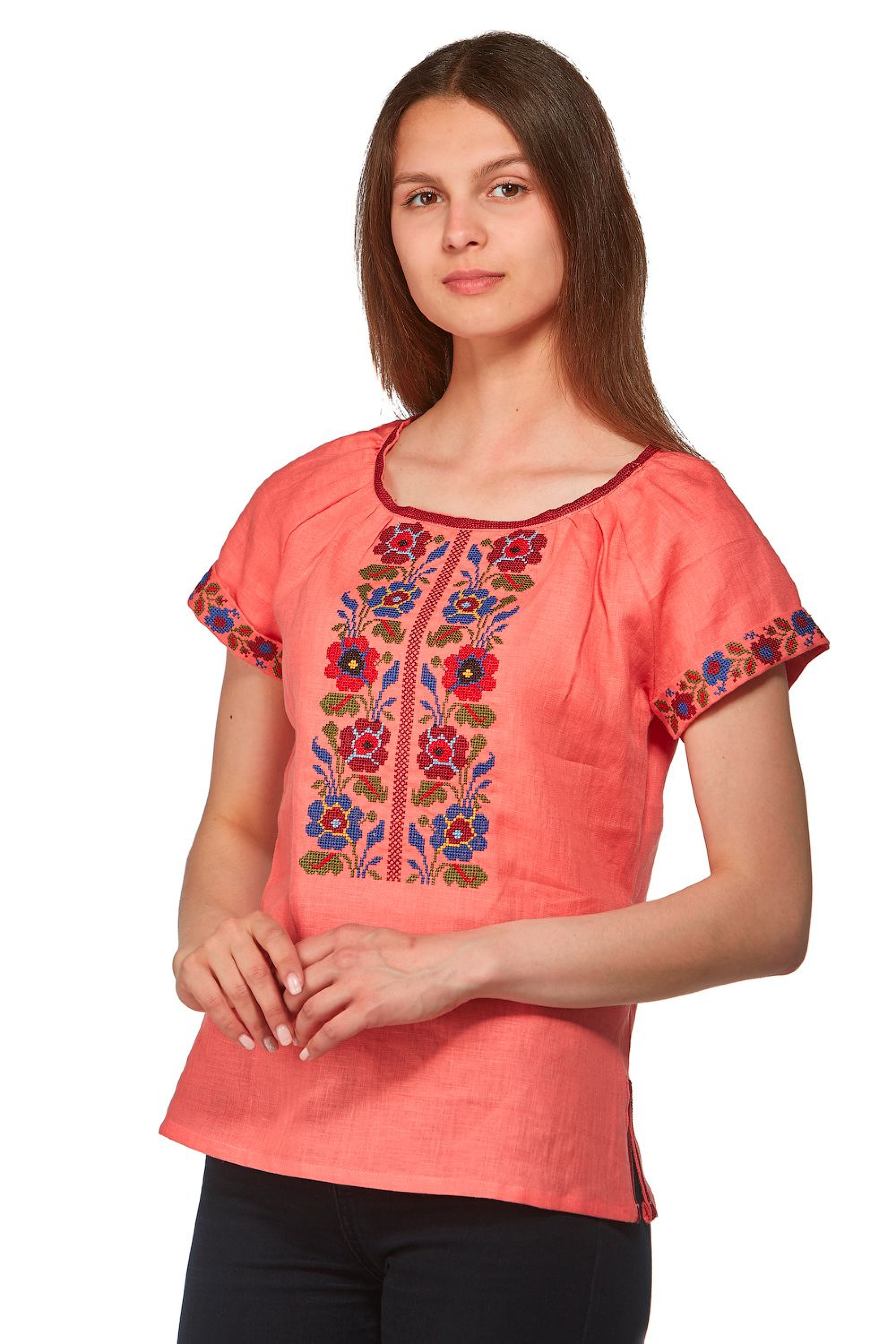 Вишита жіноча блуза персикового кольору, з коротким рукавом Dark Peach