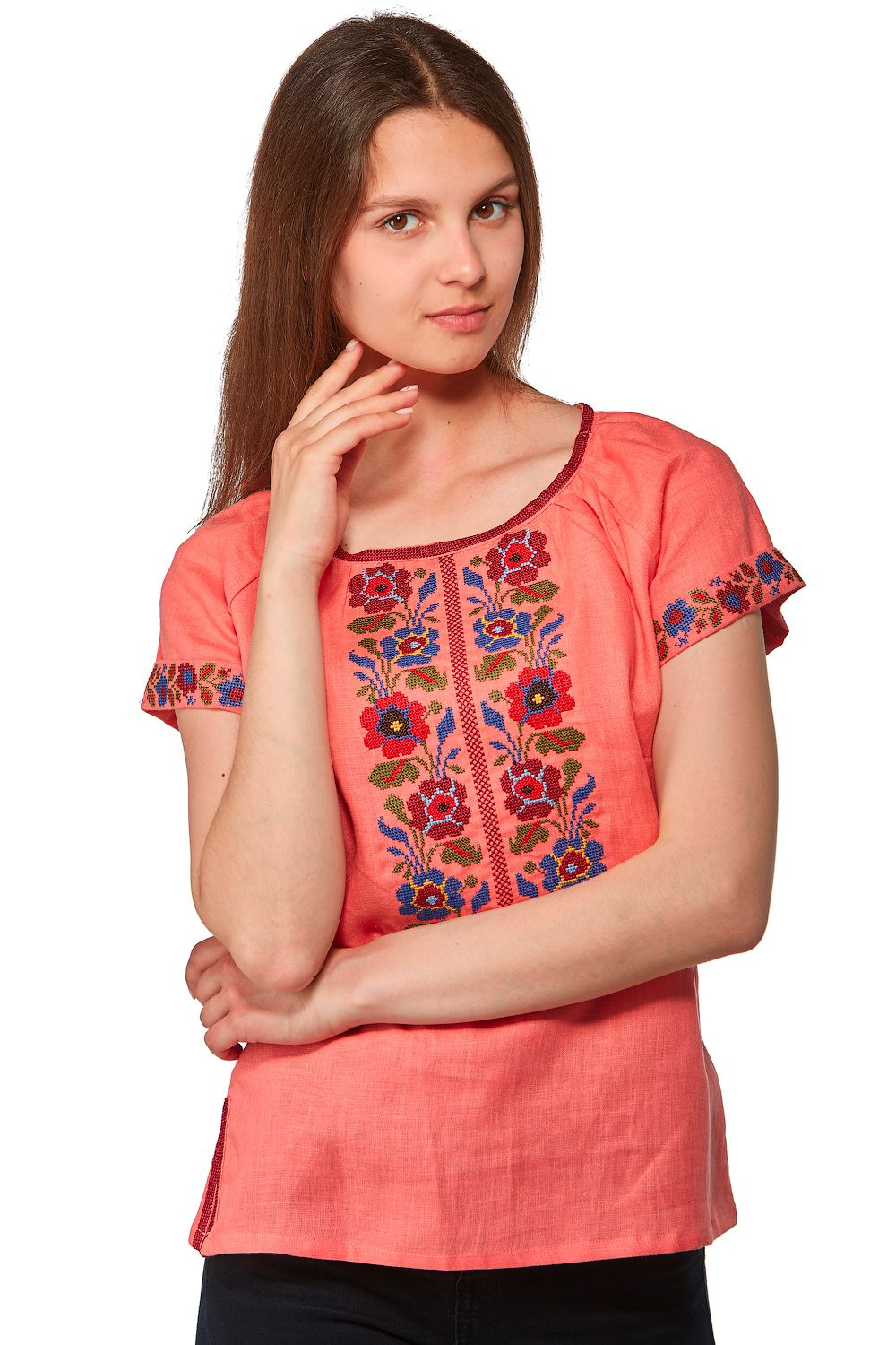 Вишита жіноча блуза персикового кольору, з коротким рукавом Dark Peach