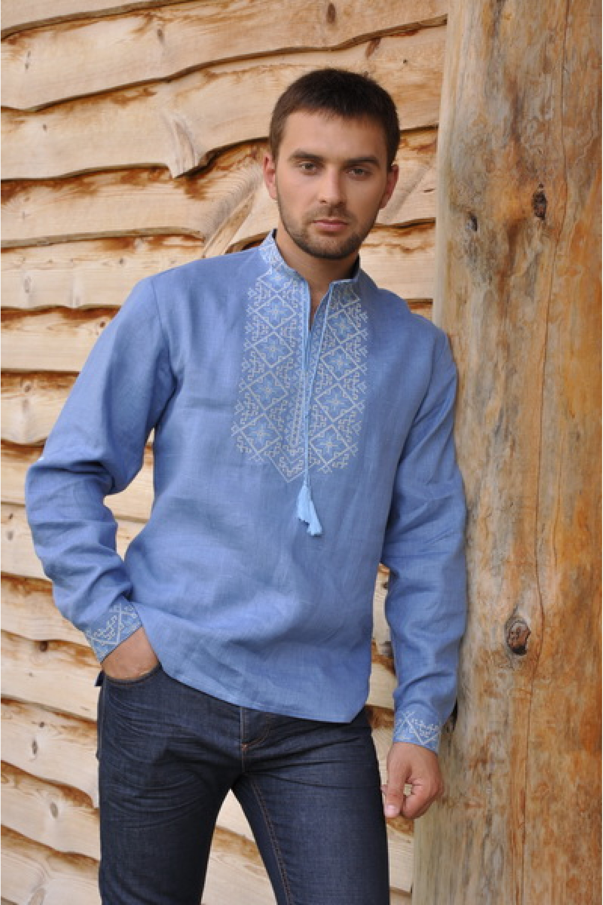Embroidered men's shirt with a counter and long sleeve