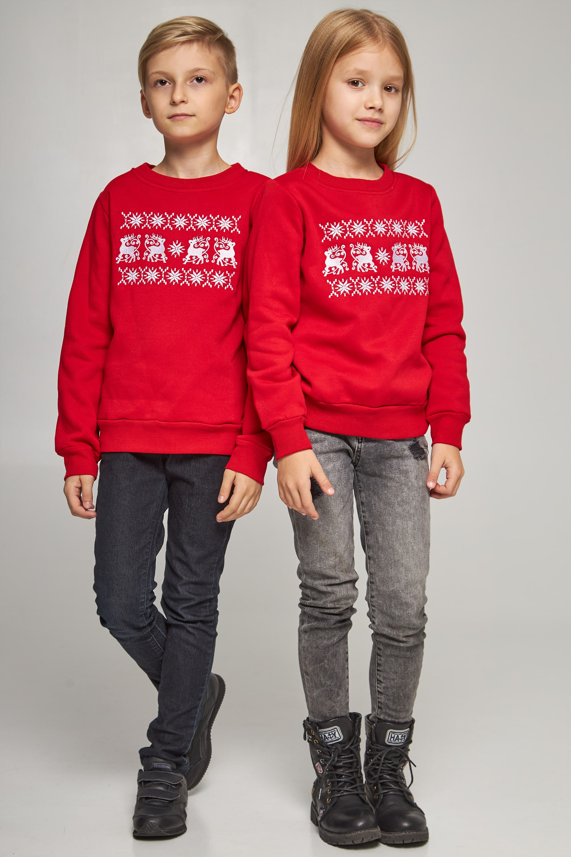 New Year's children's sweaters for two with deer red