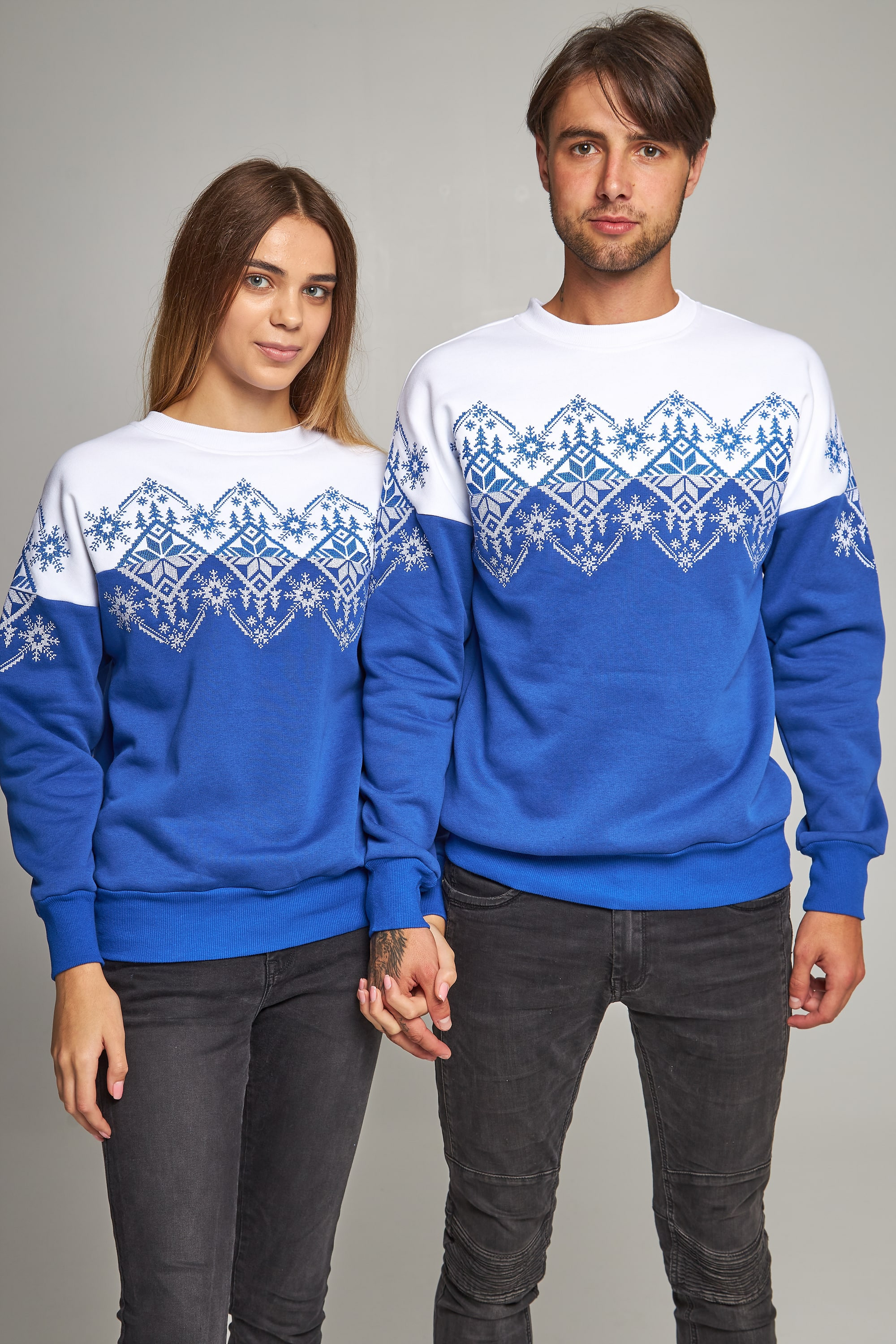 New Year's sweaters for two snowflakes blue