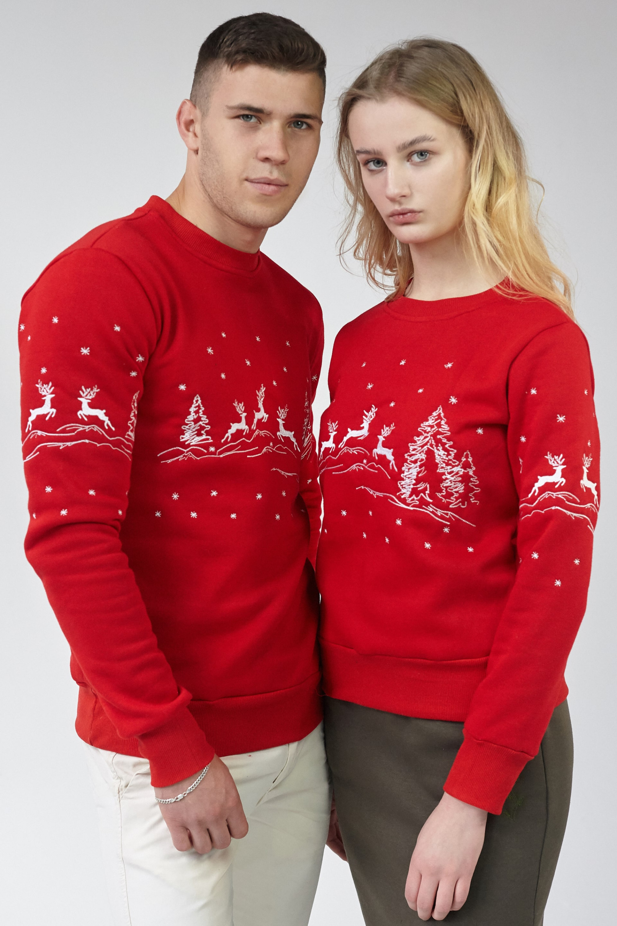 New Year's sweatshirts for two with deer red
