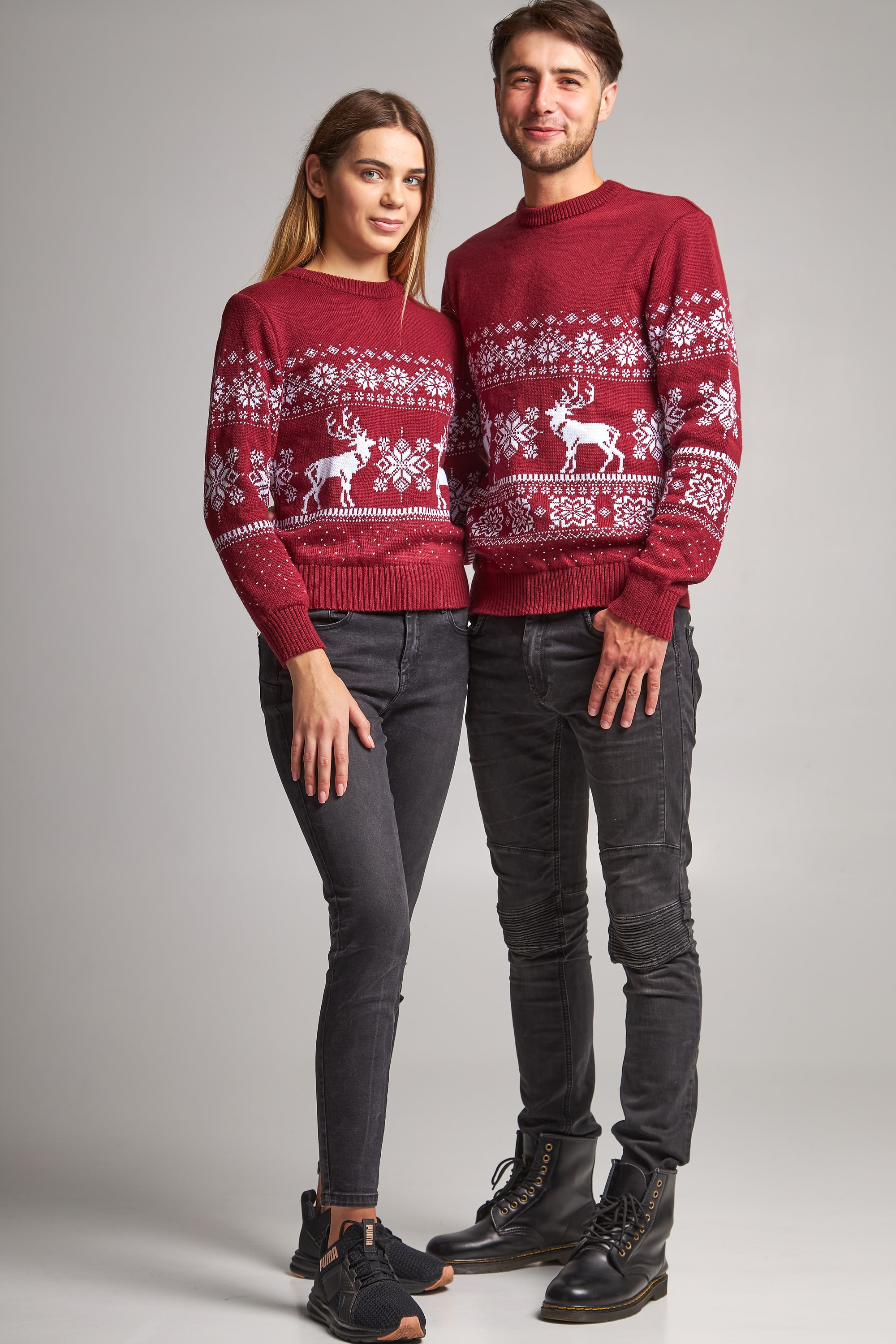 New Year's sweaters for two Santa Claus with deer burgundy